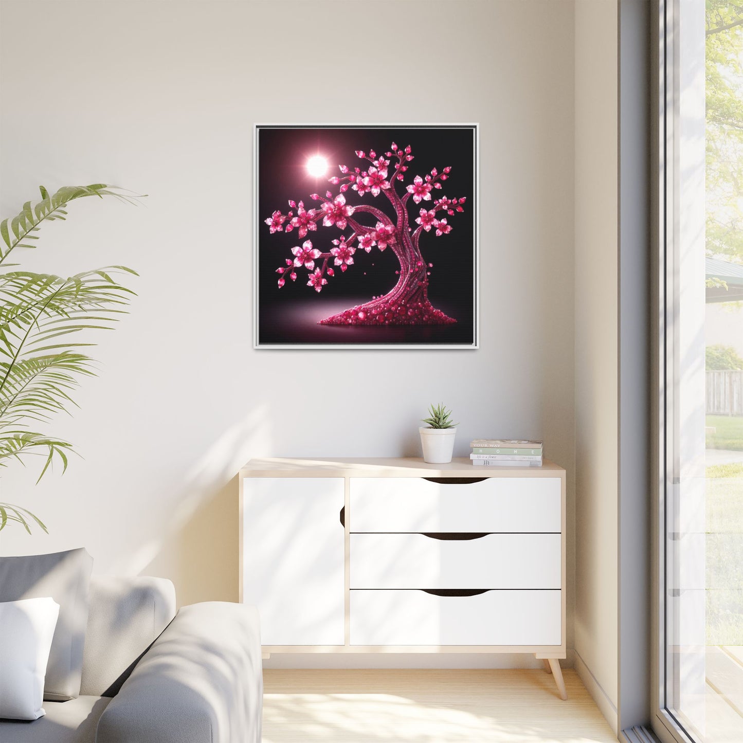 Pink Bejeweled Bonzai Tree Framed Canvas Print Wall Art Unique Nature Lover Asian Art Gift Decor 3 Frame Colors