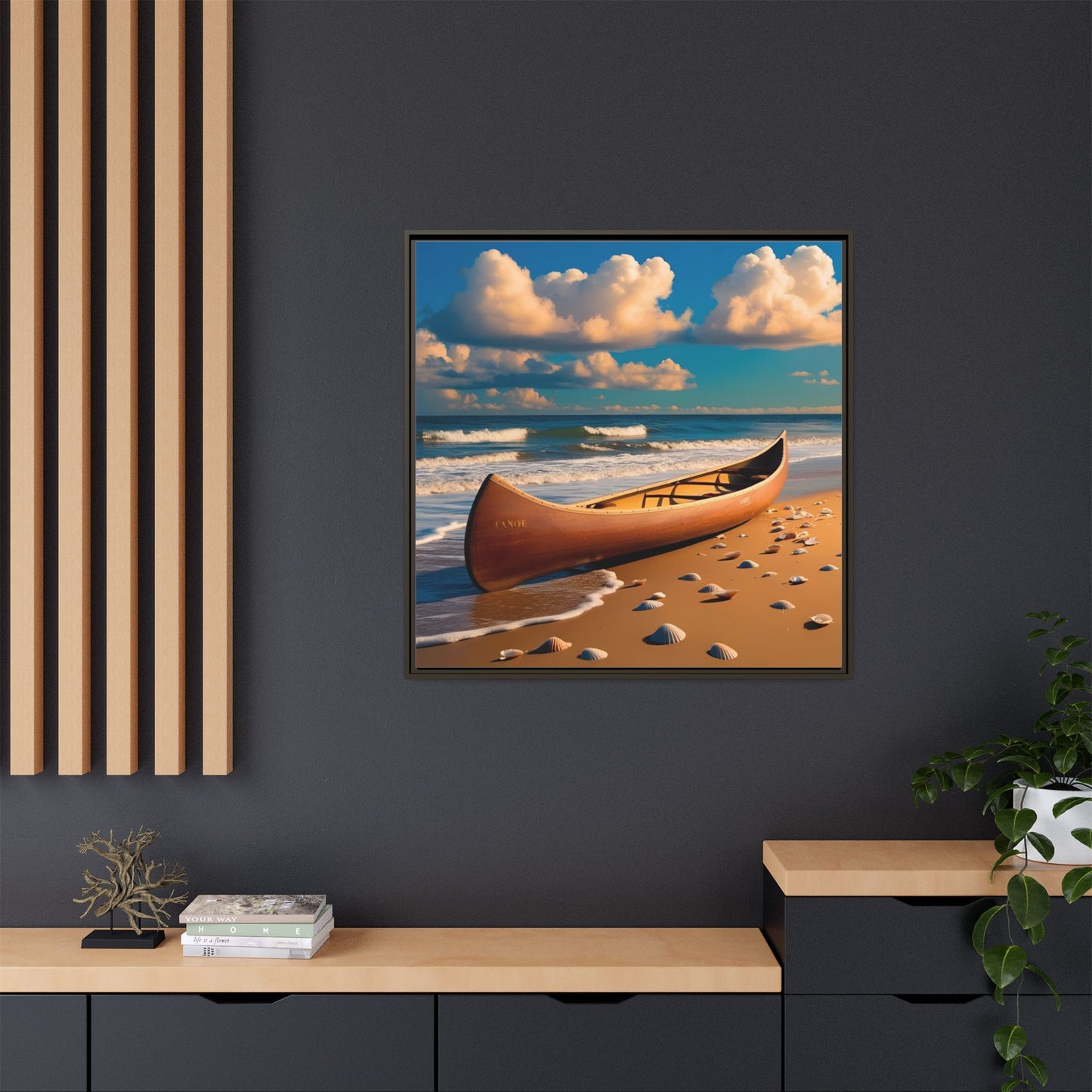 Canoe on the Beach Calm Sunny Day Framed Canvas Wall Art Beach Lover Vacation Oceanic Gift Nature Lover Peaceful Zen Gift 3 frame colors
