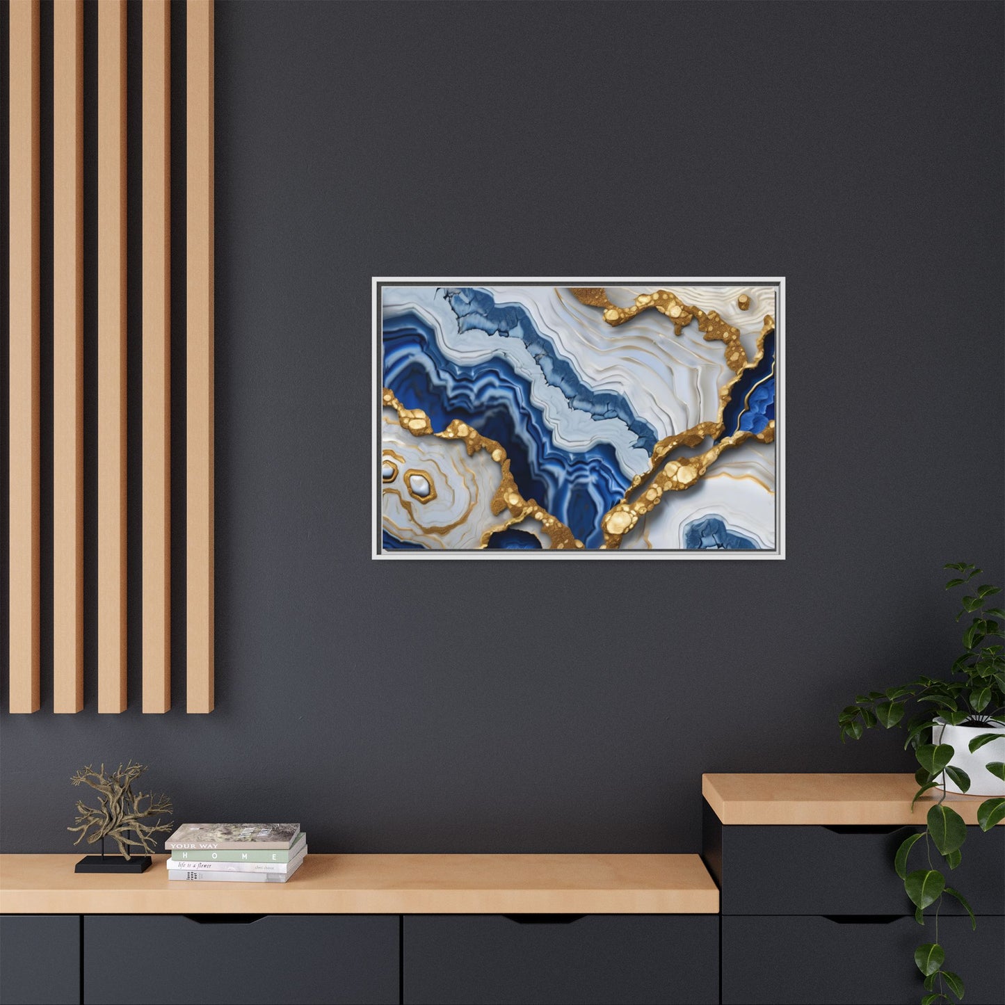 Blue, White and Gold Quartz Crystal Geode Design Print Matte Canvas Wall Art Nature Lover Gift Geology Rock Lover Gift 3 frame color choices