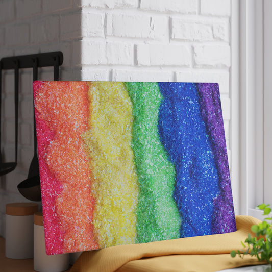 Kitchen Decor Glass Cutting Board Serving Tray with Colored Sugar Design Cutting Board Gift for Home Cook Fun Rainbow Charcuterie Board