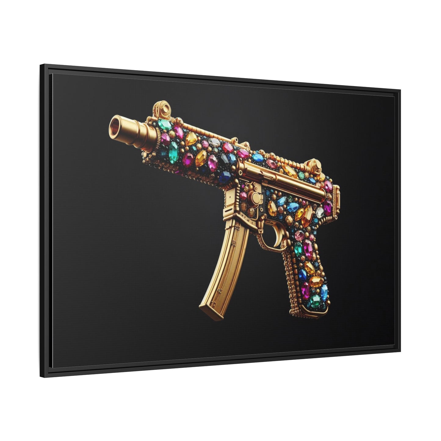 Bejeweled Machine Gun Print AI Design Unique Framed Canvas Print Wall Art Gun Lover Gift Edgy Glam Fantasy Weapon Decor 3 frame colors