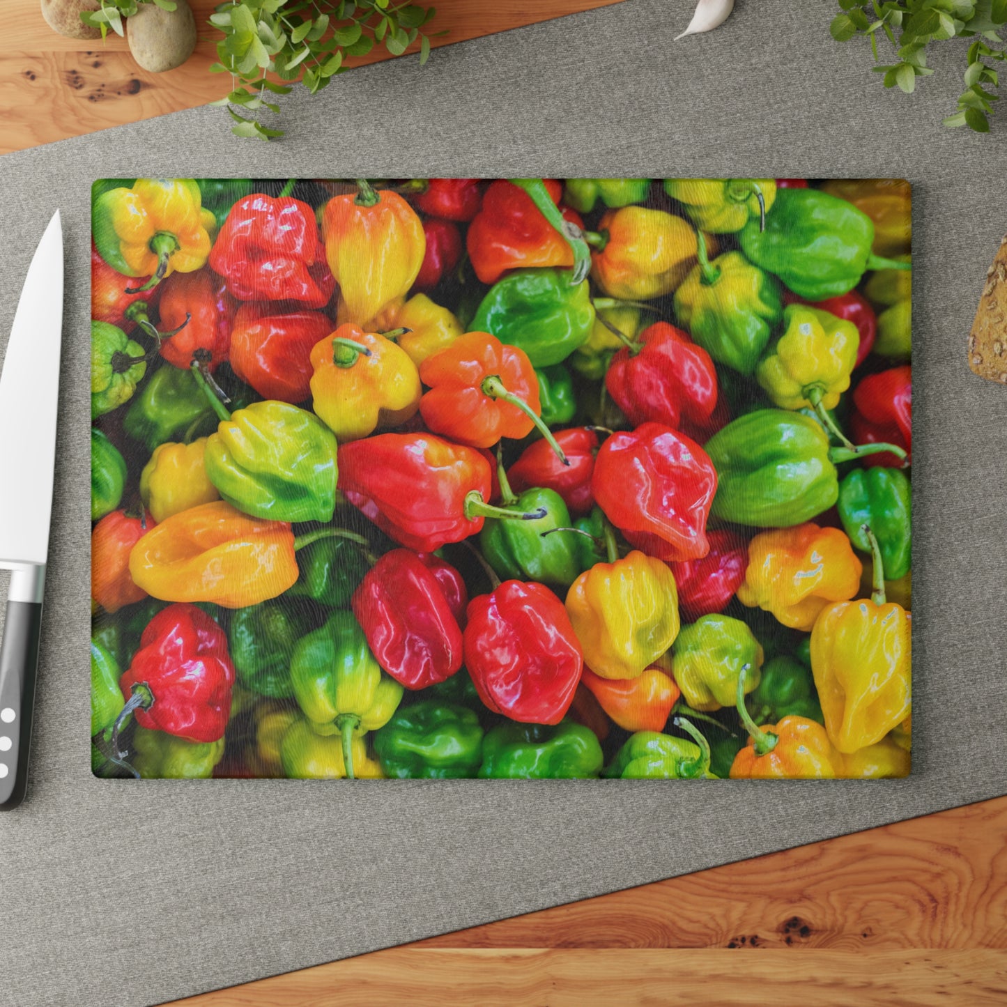 Kitchen Decor Glass Cutting Board Serving Tray with Scotch Bonnet Peppers Design Cutting Board Gift for Spicy Home Cook Charcuterie Board