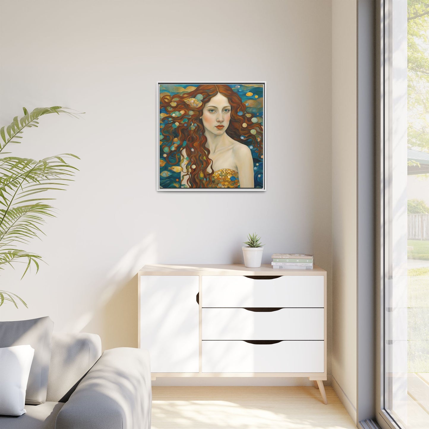 Modern Abstract Mermaid Design Unique Framed Canvas Oceanic Wall Art Underwater Gold Fish Anime Gift Nature Lover Gift 3 frame colors