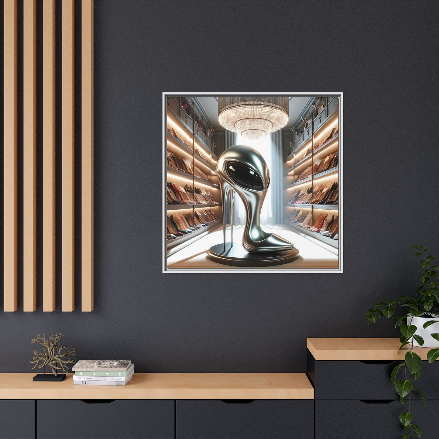 Alien High Heel Shoe Framed Canvas Print Wall Art Unique Fashion Designer Style Haute Couture Shoe Lover Fashionista Decor 3 Frame Colors