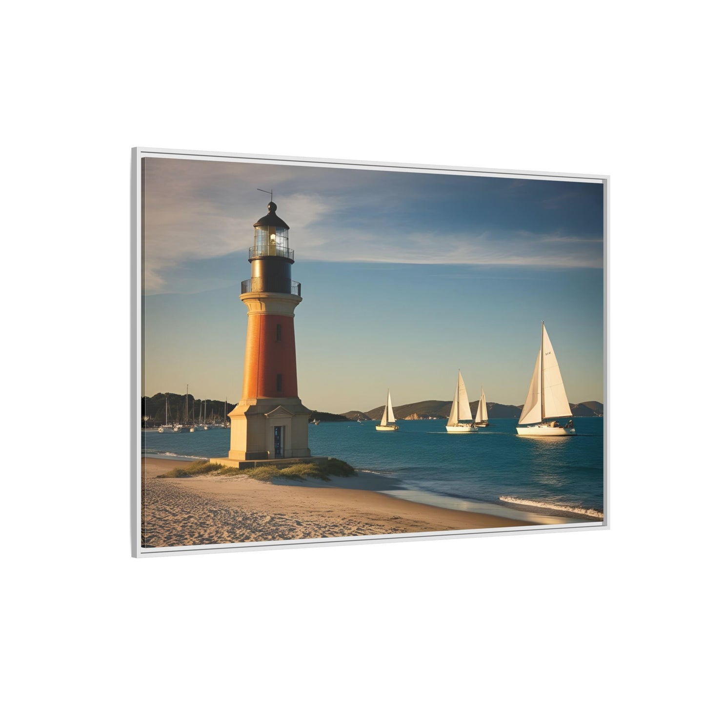 Lighthouse on the Beach Unique Framed Canvas Print Wall Art Nature Lover Gift Beachy Sailboats in the Ocean Vacation Decor 3 frame colors