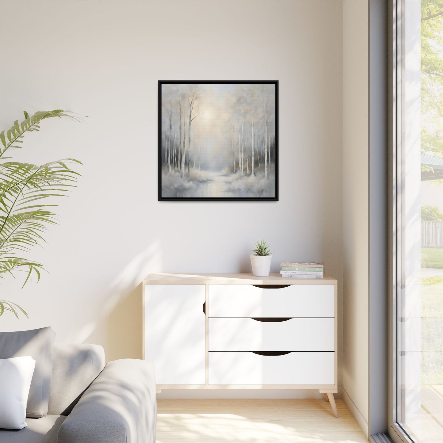 Modern Abstract White Forest Design Unique Framed Canvas Wall Art Ocean Beach Gift Nature Lover Gift 3 frame colors