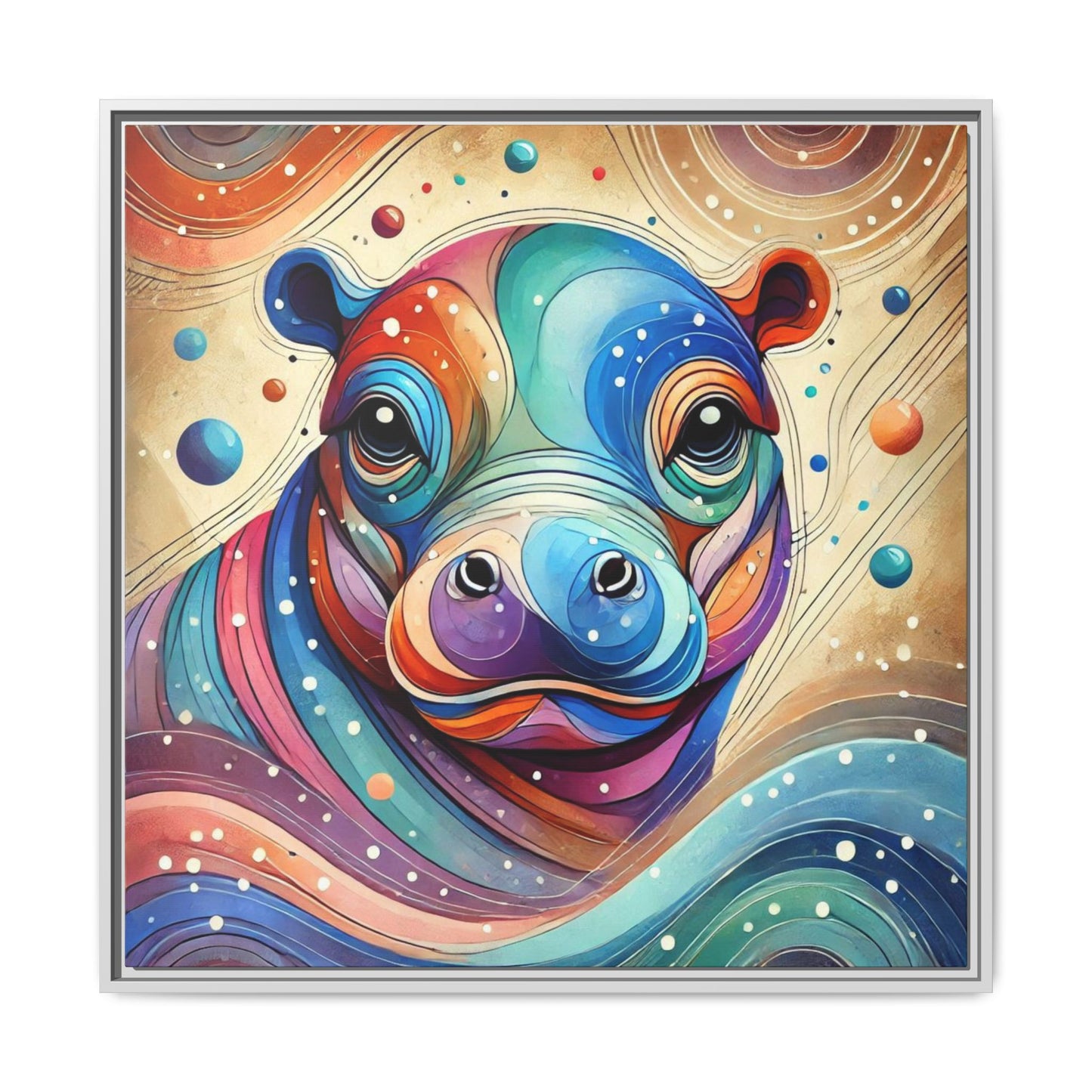 Modern Hippo Print Abstract Design Unique Framed Canvas Print Baby Hippo Wall Art Animal Lover Gift Nature Lover Decor 3 frame colors