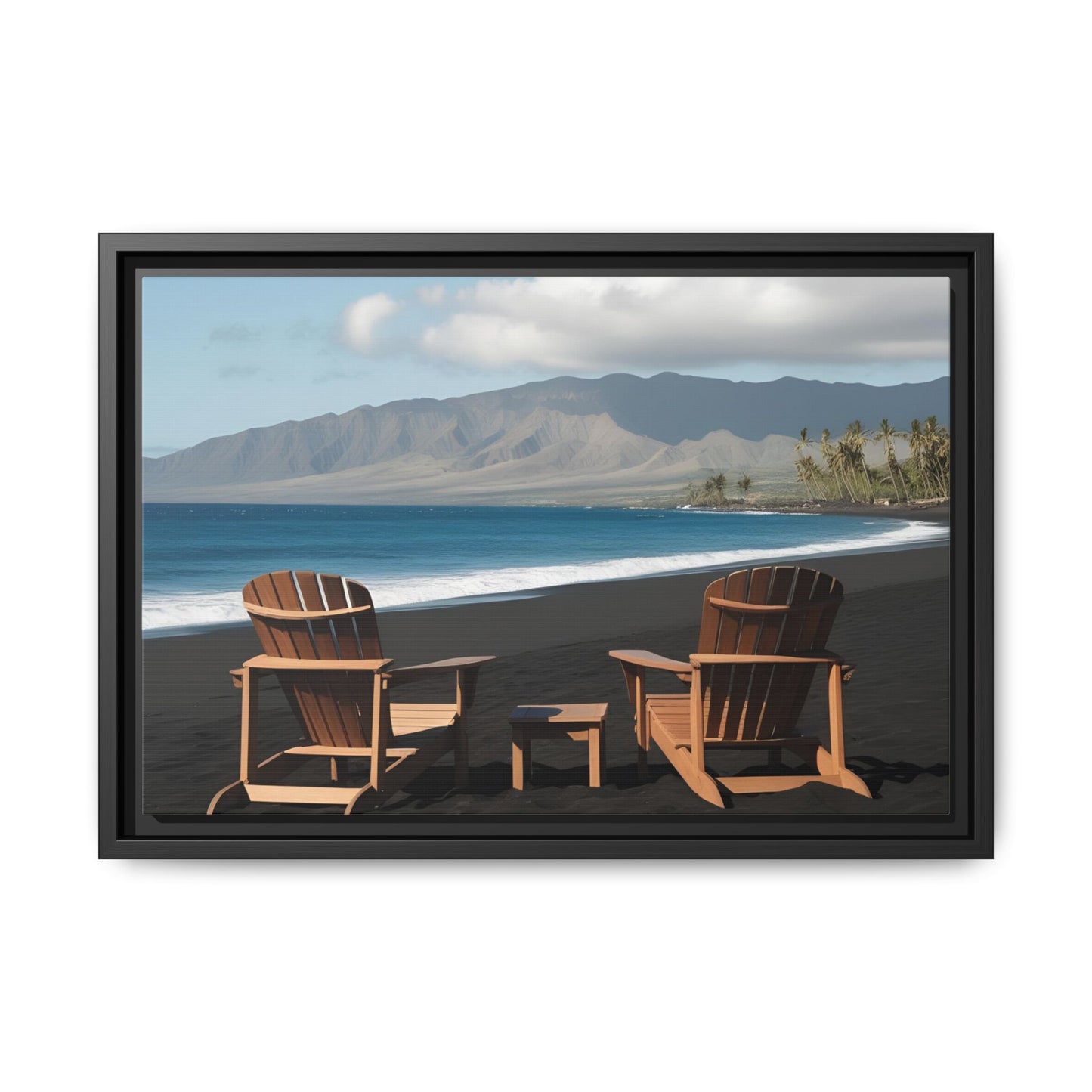Chairs on the Maui Black Sand Beach Print Unique Framed Canvas Print Wall Art Gift Beachy Nature Lover Ocean Waves Decor 3 frame colors