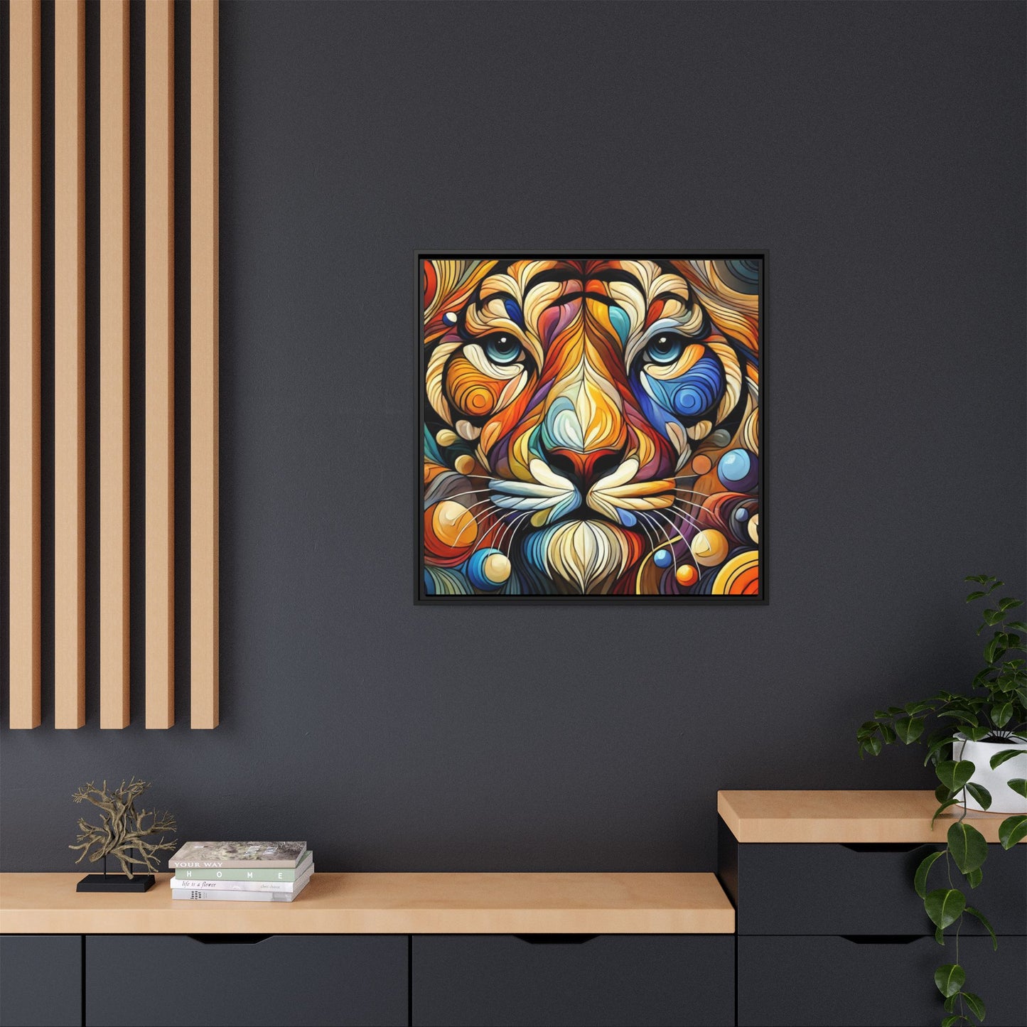 Modern Lion Face Print Abstract Design Unique Framed Canvas Print King of Jungle Wall Art Animal Lover Nature Lover Decor 3 frame colors