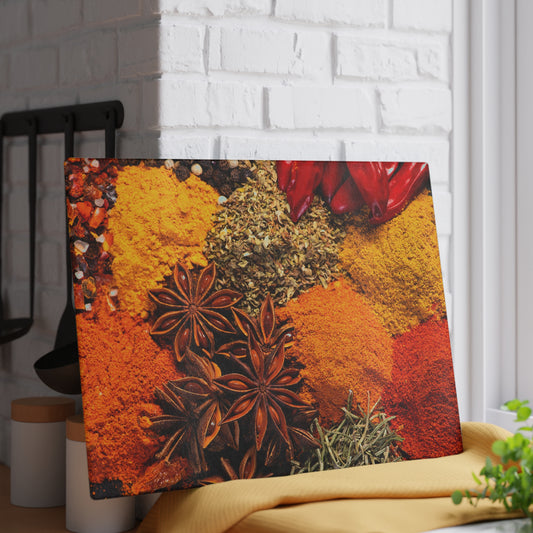 Kitchen Decor Glass Cutting Board Serving Tray with Colorful Spices Design Cutting Board Gift for Home Cook Charcuterie Board