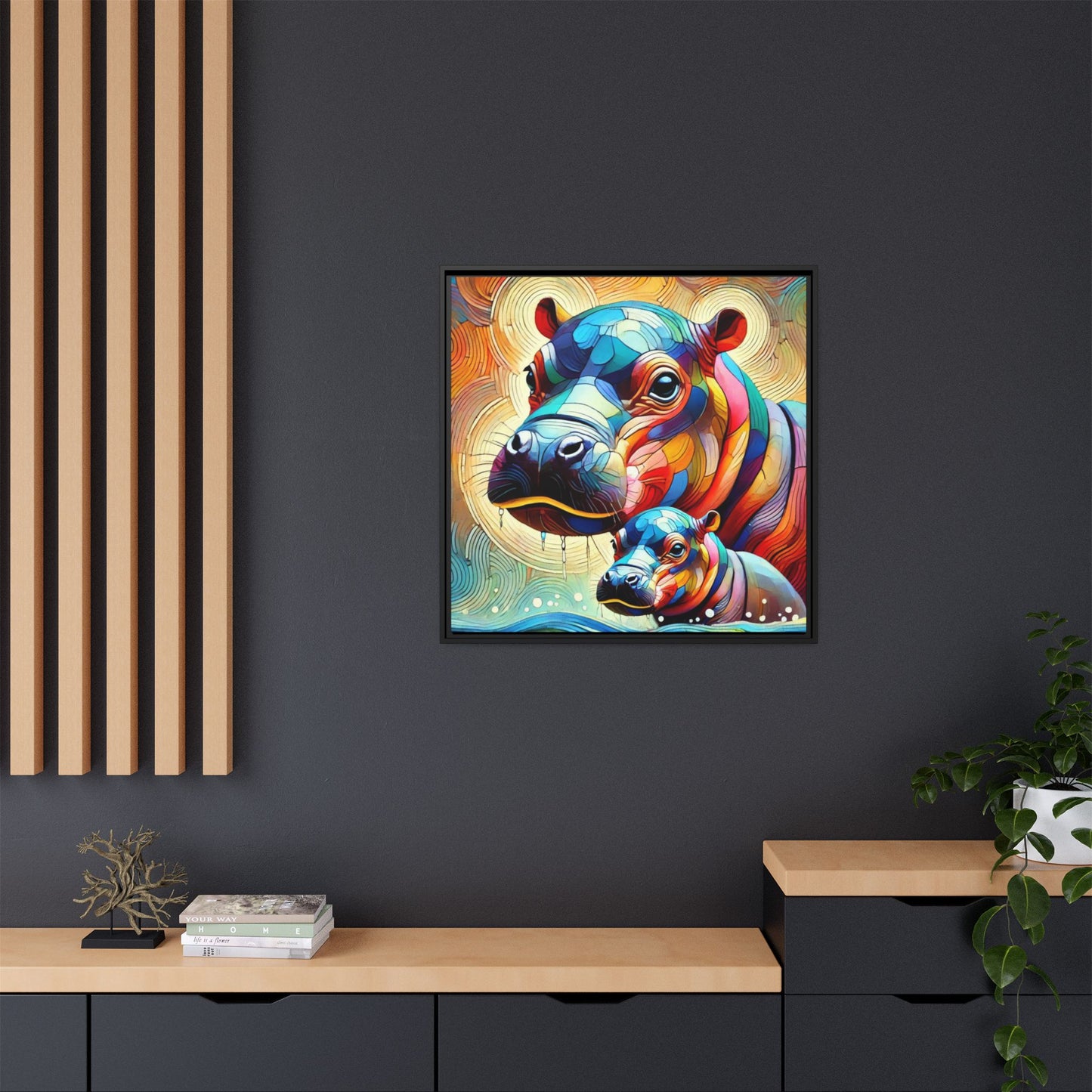 Modern Hippo Print Abstract Design Unique Framed Canvas Print Baby Hippo Wall Art Animal Lover Gift Nature Lover Decor 3 frame colors
