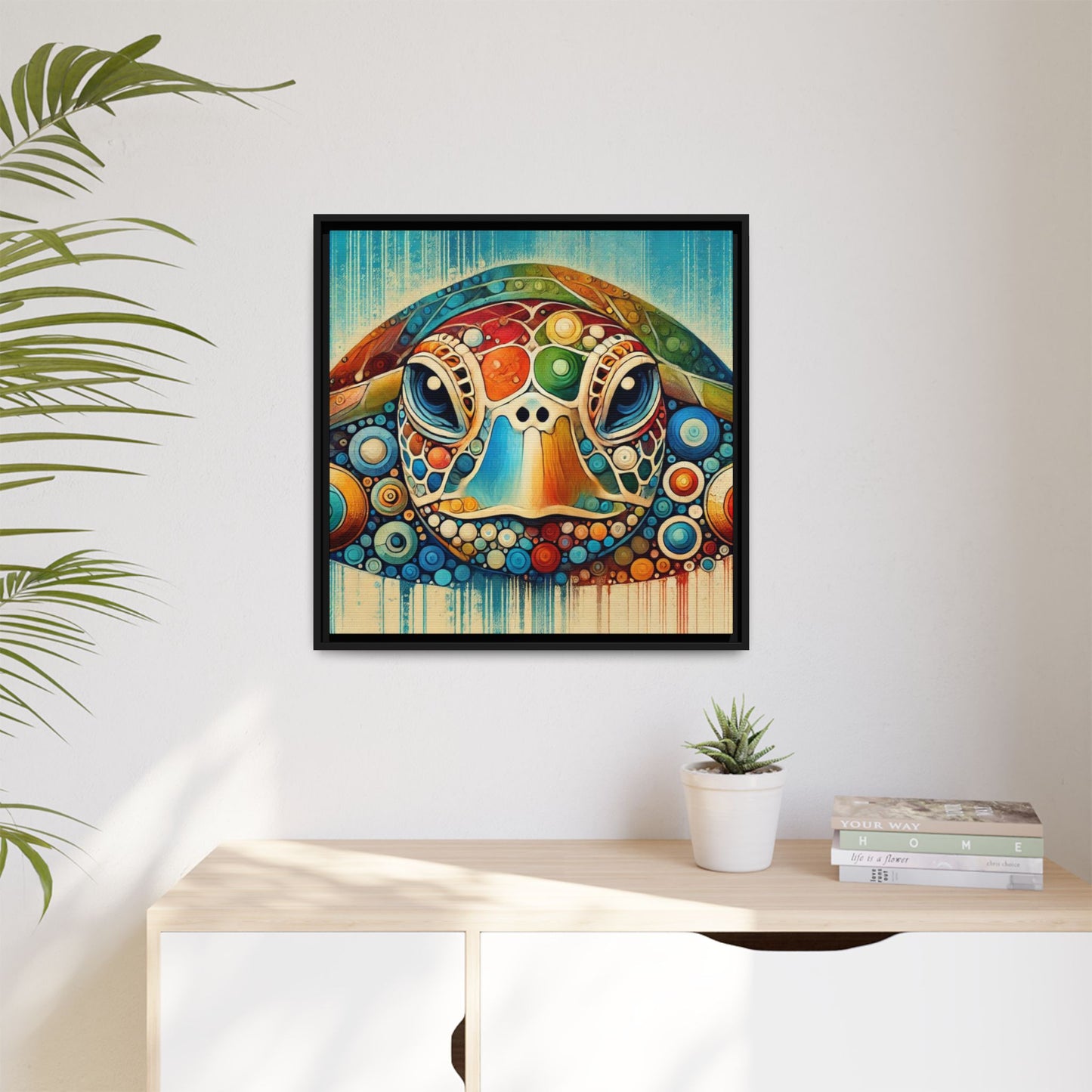 Modern Sea Turtle Print Abstract Design Unique Framed Canvas Print Oceanic Beachy Wall Art Animal Lover Nature Lover Decor 3 frame colors