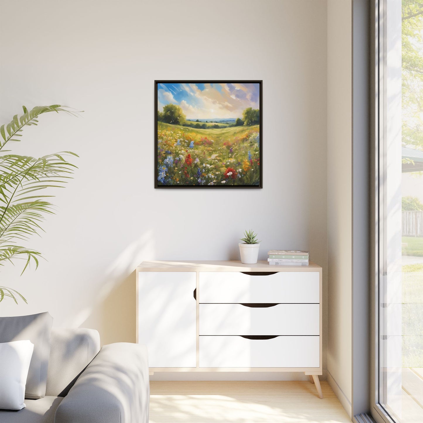 Modern Filed of Flowers Design Unique Framed Canvas Wall Art Gift Nature Lover Landscape Decor Gift 3 frame colors