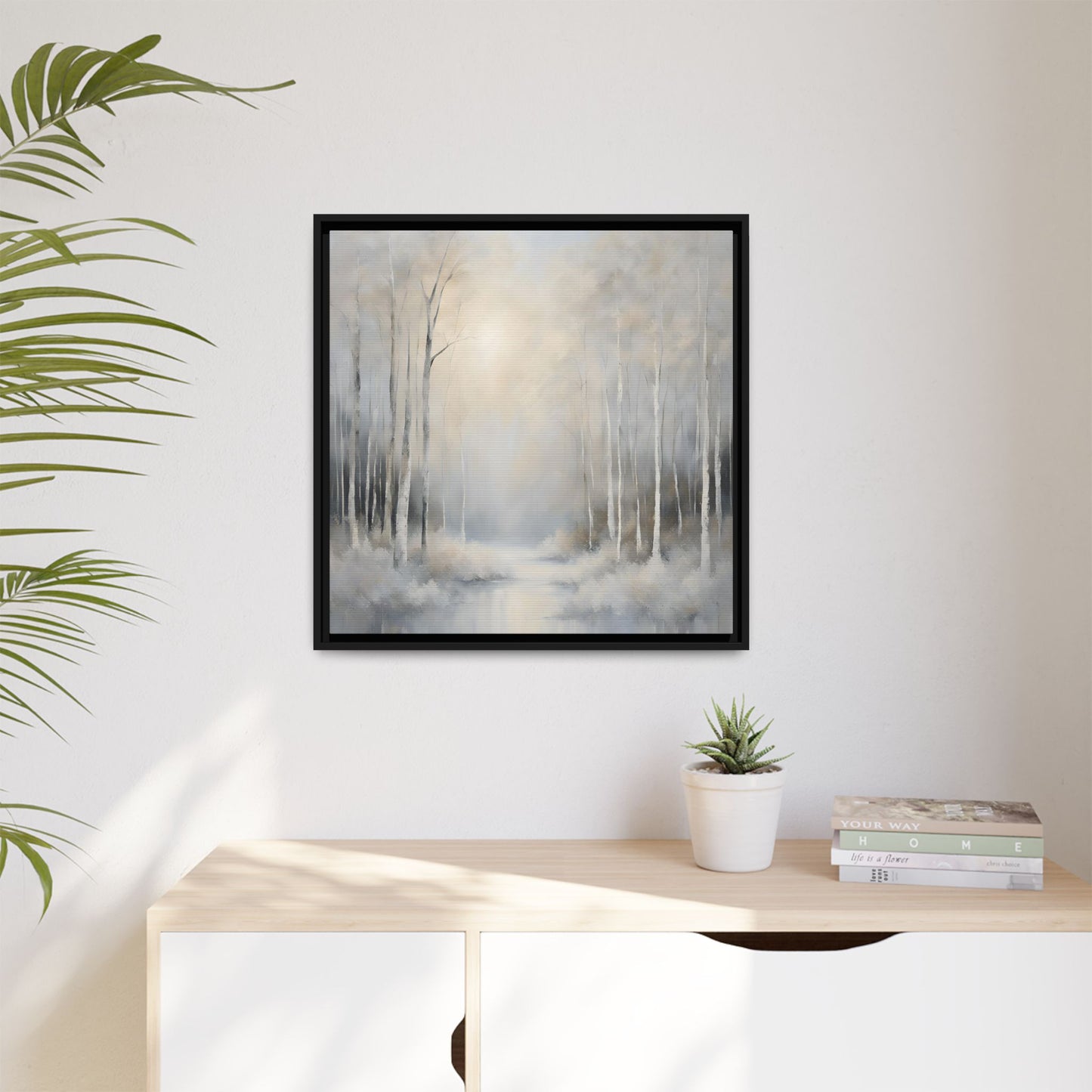 Modern Abstract White Forest Design Unique Framed Canvas Wall Art Ocean Beach Gift Nature Lover Gift 3 frame colors