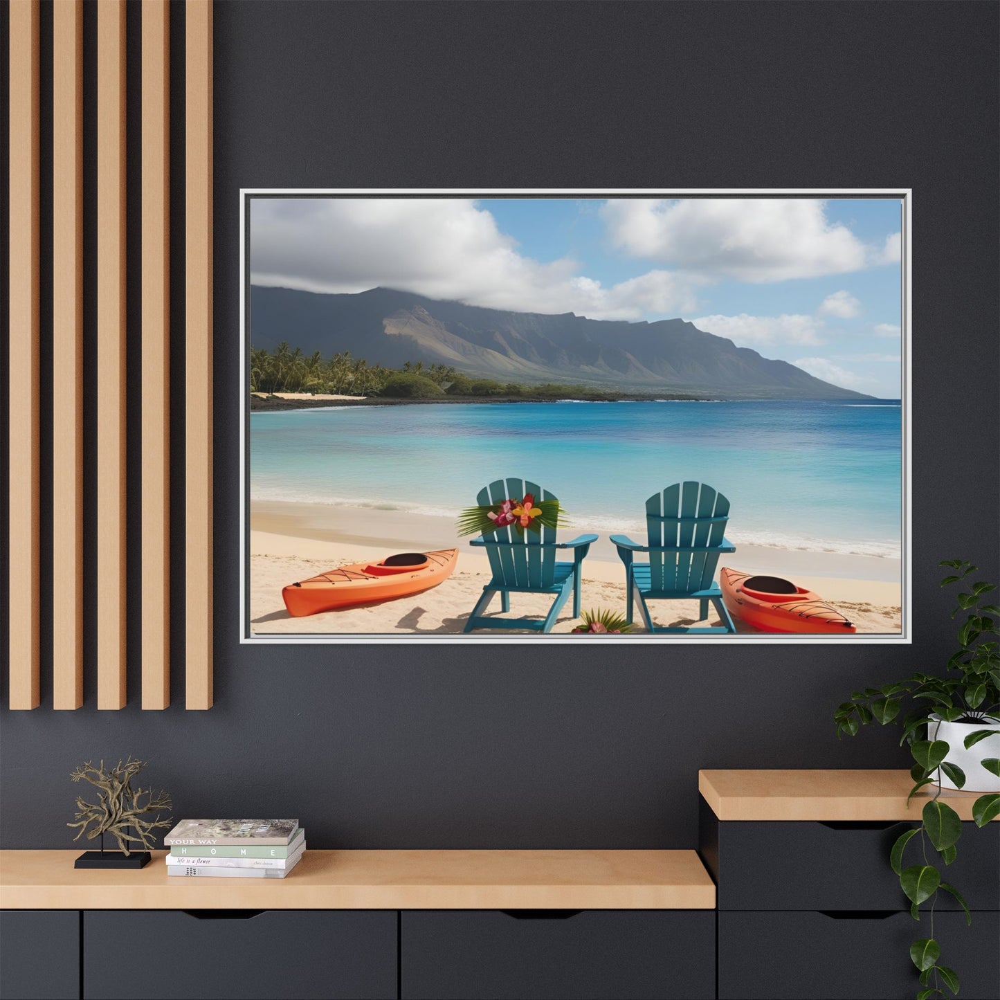 Chairs on the Beach Print Unique Framed Canvas Print Wall Art Gift Beachy Nature Lover Ocean Waves Hawaiian Vacation Decor 3 frame colors