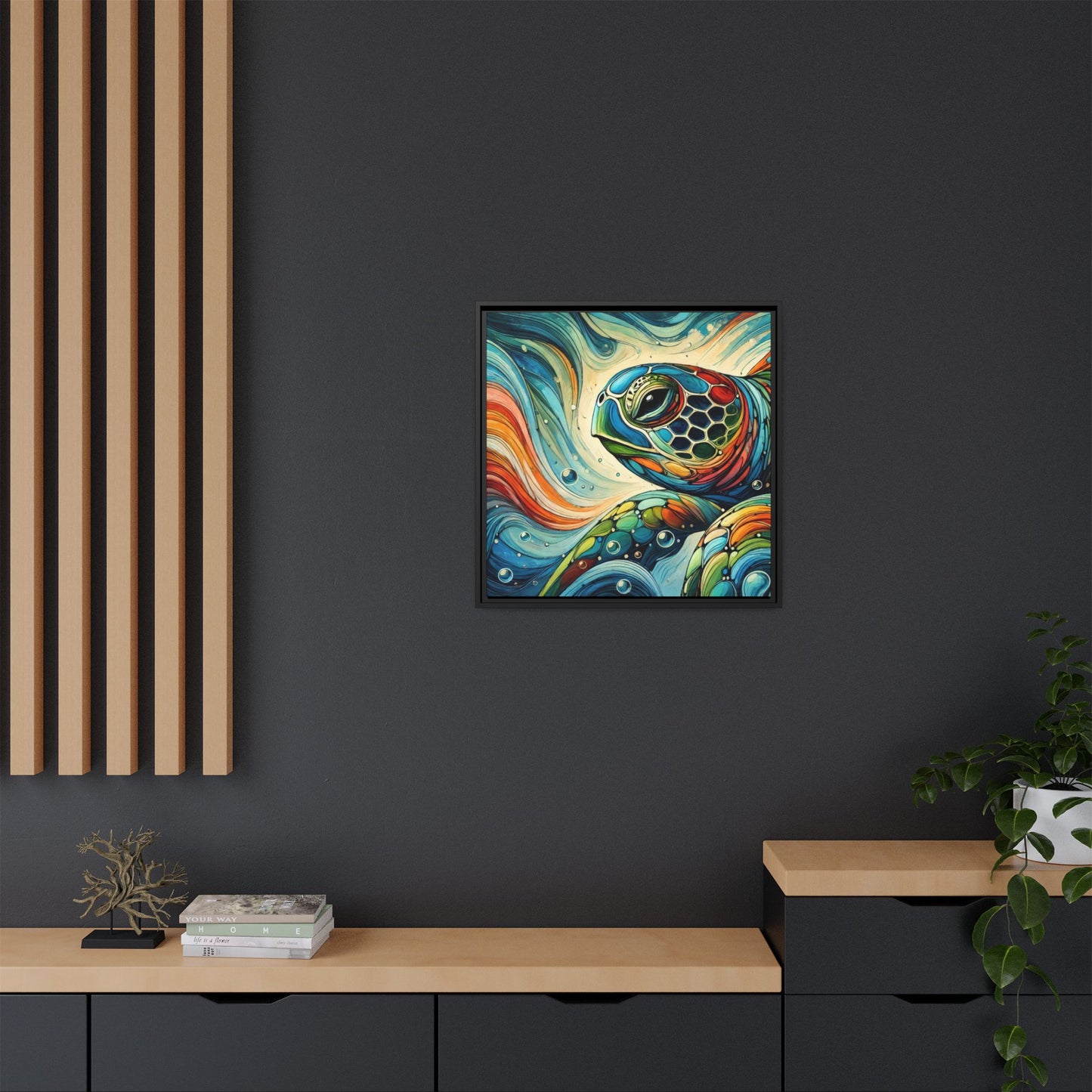 Modern Sea Turtle Print Abstract Design Unique Framed Canvas Print Oceanic Wall Art Animal Lover Gift Nature Lover Decor 3 frame colors