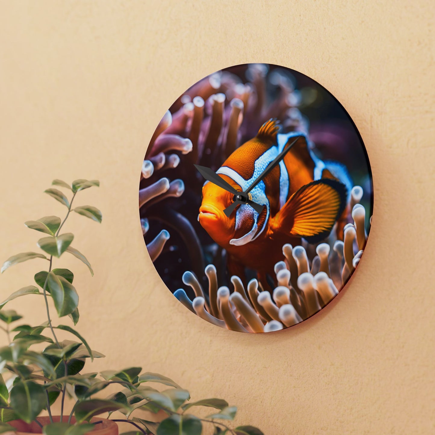 Clown Fish Anenome Design Acrylic Clock Unique Colorful Wall Clock for Kitchen or Living Room Nature Lover Gift