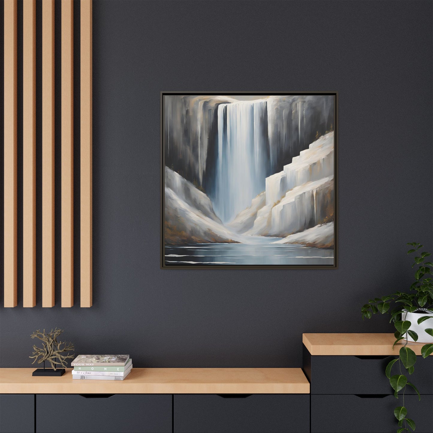 Modern Abstract Waterfall Design Unique Framed Canvas Wall Art Ocean Beach Gift Nature Lover Gift Mountain Landscape Gift 3 frame colors