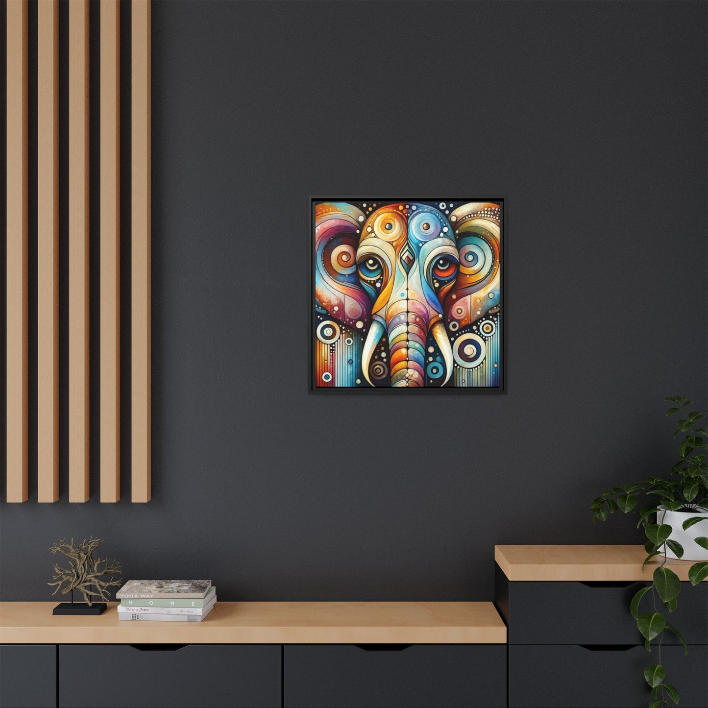 Modern Elephant Face Print Abstract Design Unique Framed Canvas Print African Wall Art Animal Lover Nature Lover Decor 3 frame colors
