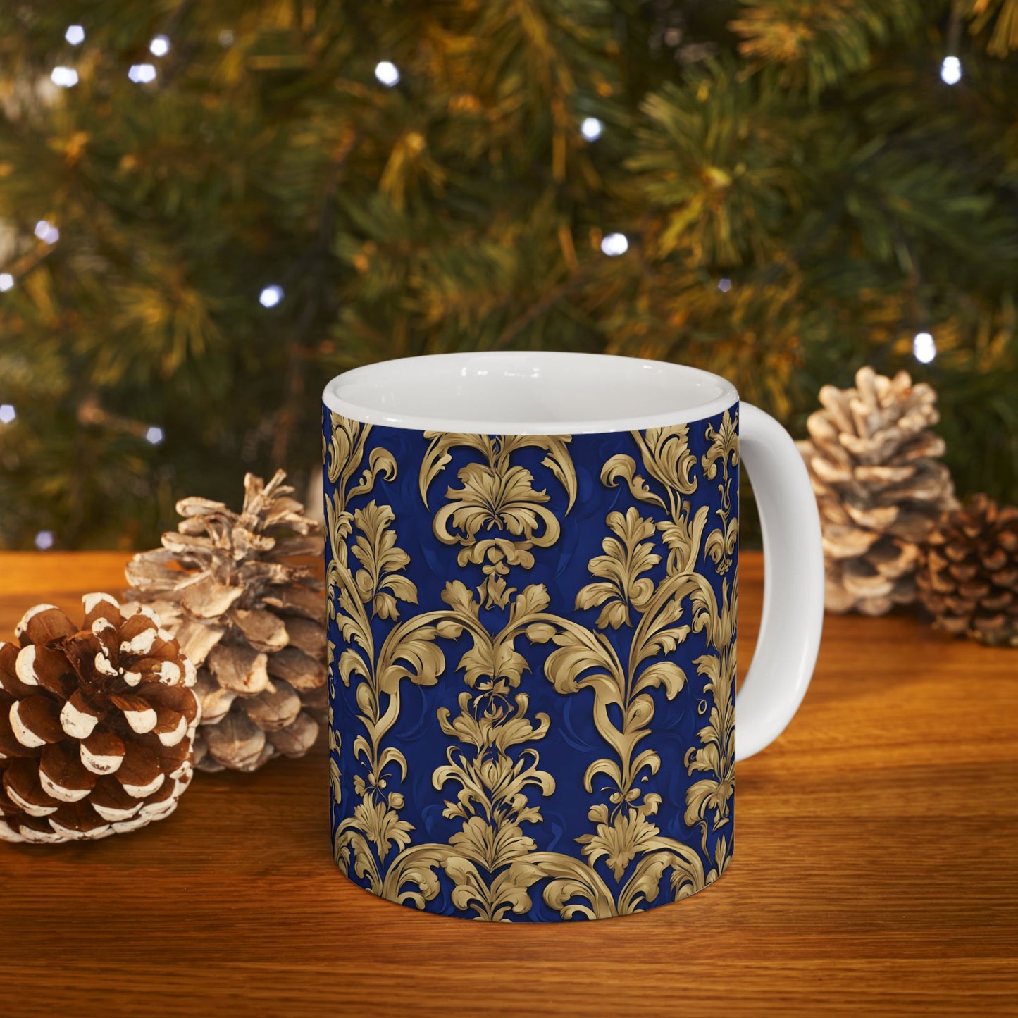 Beautiful Royal Blue and Gold Damask Vintage Tapestry Design Pattern Ceramic Mug, (11oz)