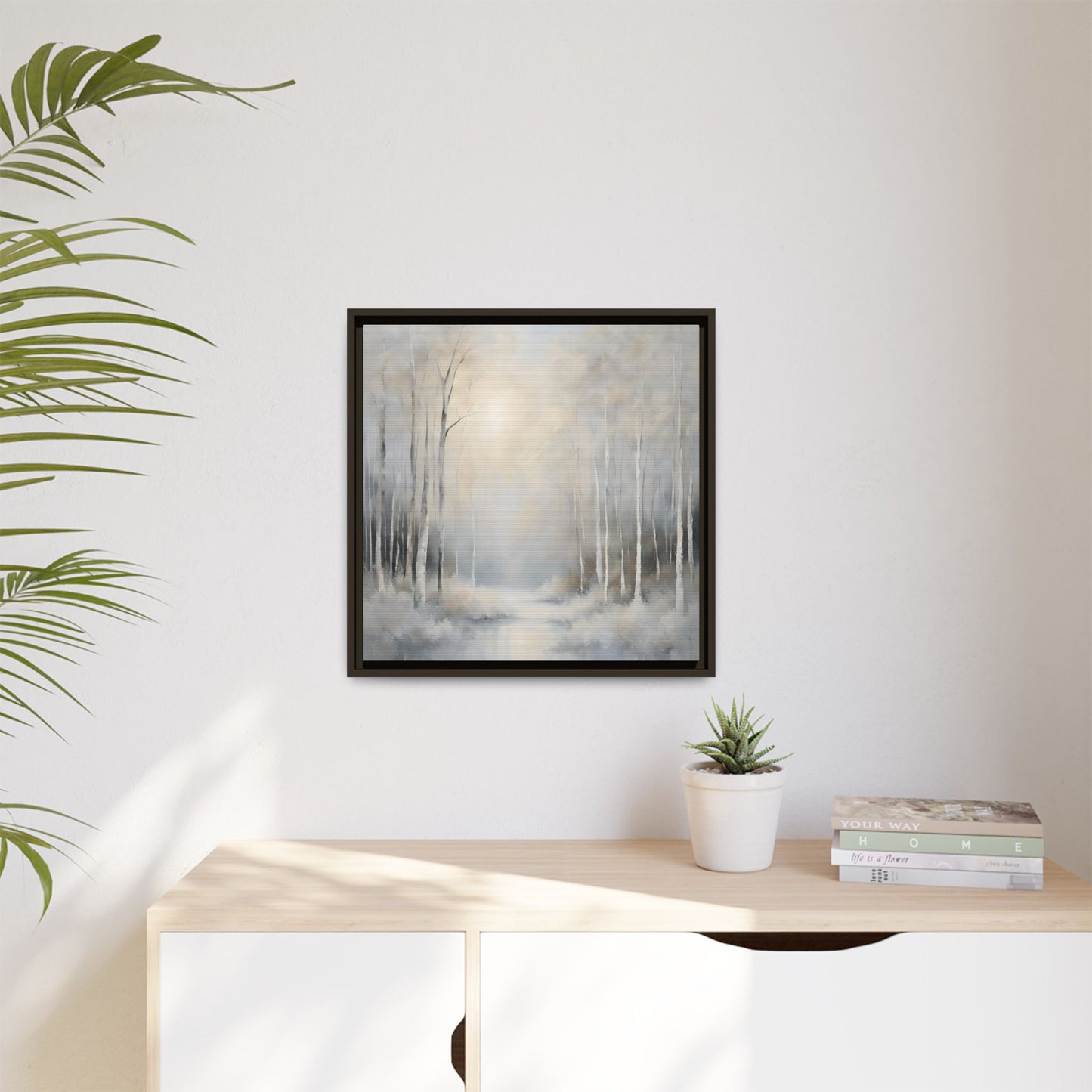 Modern Abstract White Forest Design Unique Framed Canvas Wall Art Ocean Beach Gift Nature Lover Gift 3 frame colors