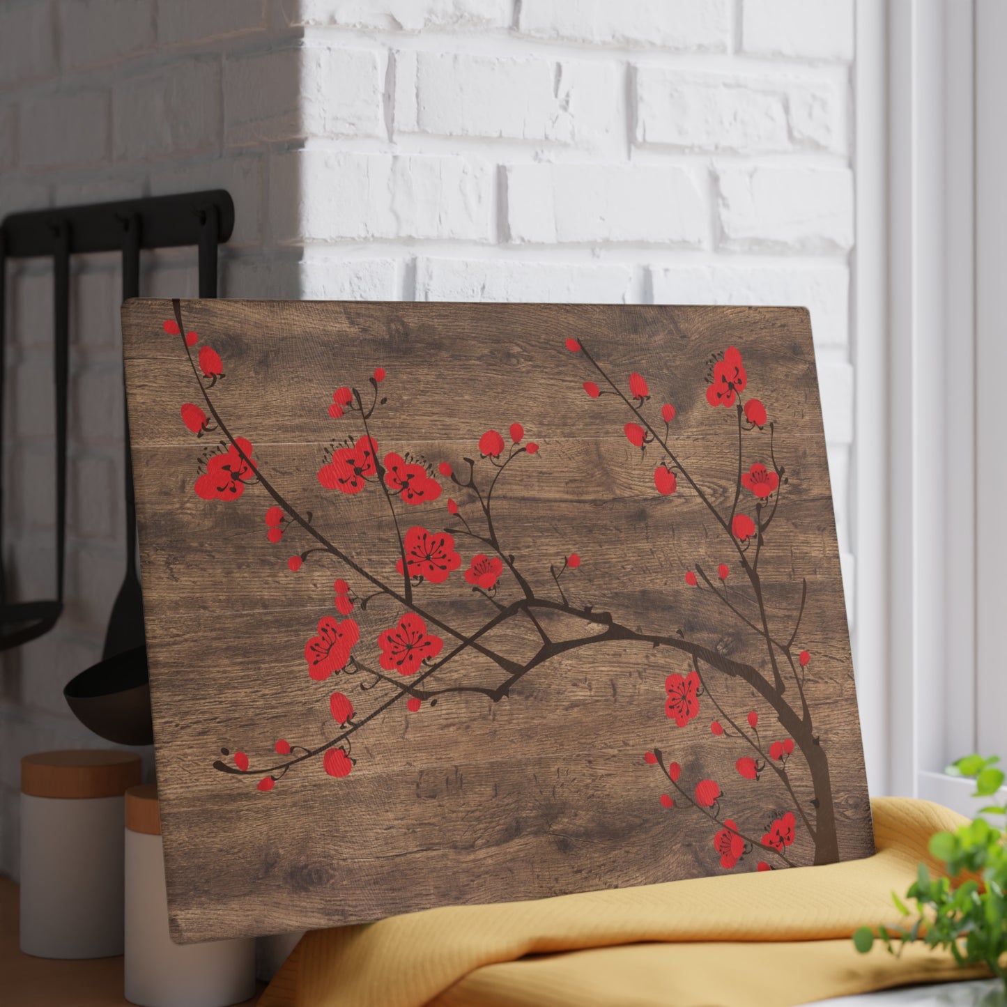 Kitchen Decor Glass Cutting Board Serving Tray with Plum Blossom Design Cutting Board Gift for Home Cook Fun Floral Charcuterie Board