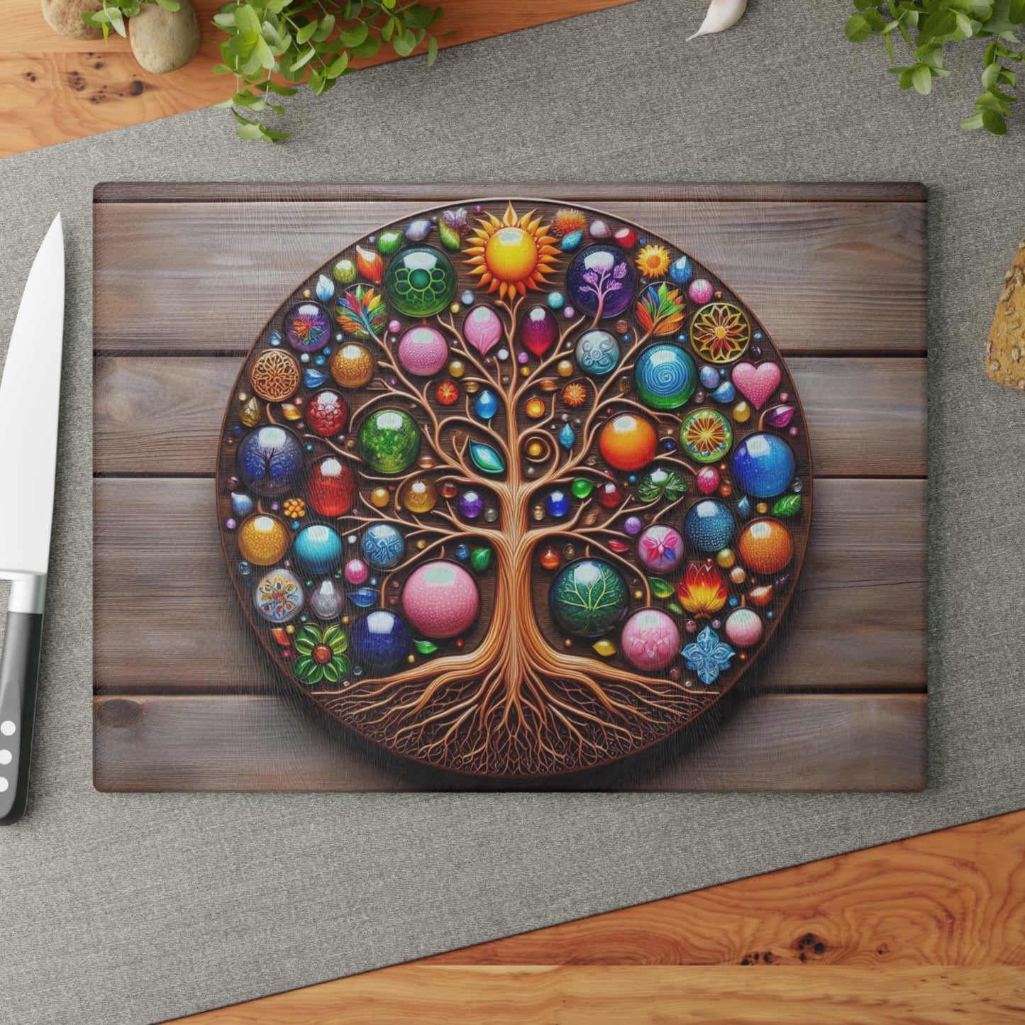Kitchen Decor Glass Cutting Board Serving Tray with Tree of Life Design Cutting Board Gift for Home Cook Glass Charcuterie Board