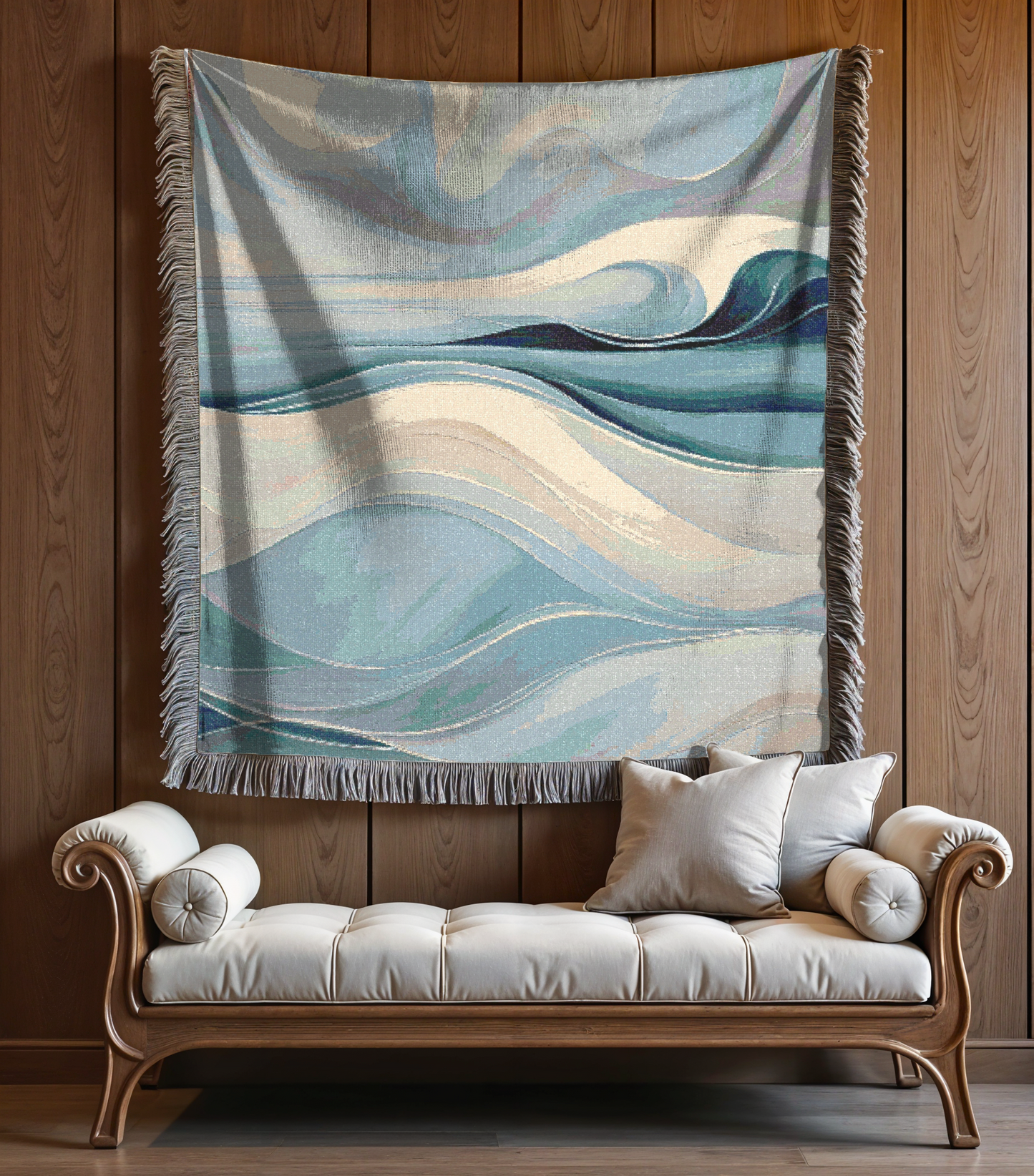 Wave Design Cozy Reading Throw for Book Lovers Cotton Woven Fringed Picnic Blanket Wall Art