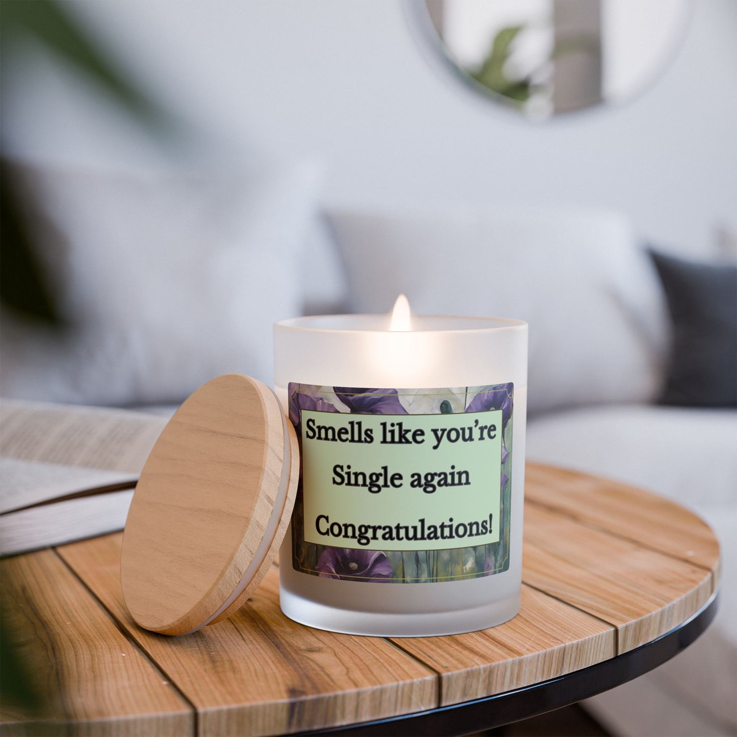 Artisanal Coconut Soy Frosted Glass Candle with Wooden Wick and Raw Maple Lid 11 oz Hand Poured Single Person Funny Breakup Candle