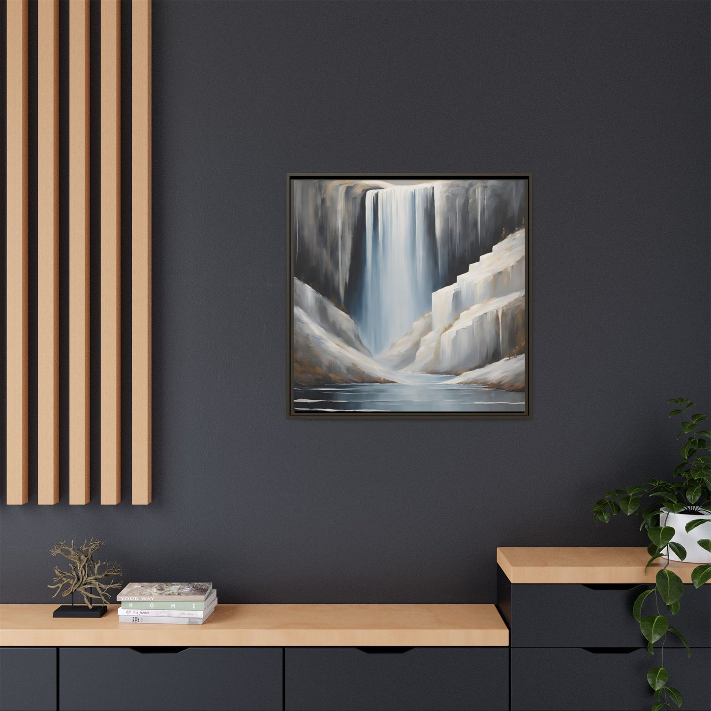 Modern Abstract Waterfall Design Unique Framed Canvas Wall Art Ocean Beach Gift Nature Lover Gift Mountain Landscape Gift 3 frame colors