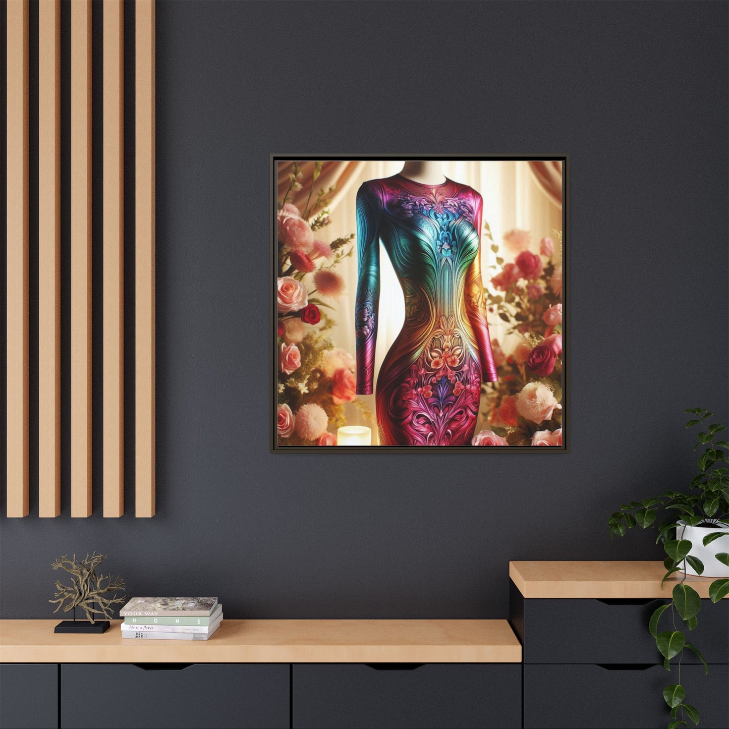 Futuristic Bodycon Runway Dress Framed Canvas Print Wall Art Unique Fashion Designer Style Haute Couture Fashionista Gift 3 Frame Colors