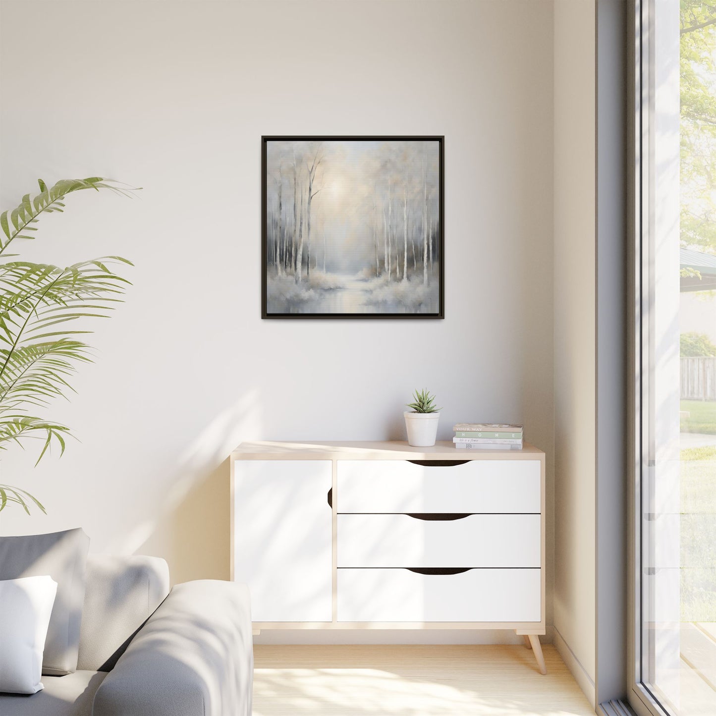 Modern Abstract White Forest Design Unique Framed Canvas Wall Art Ocean Beach Gift Nature Lover Gift 3 frame colors