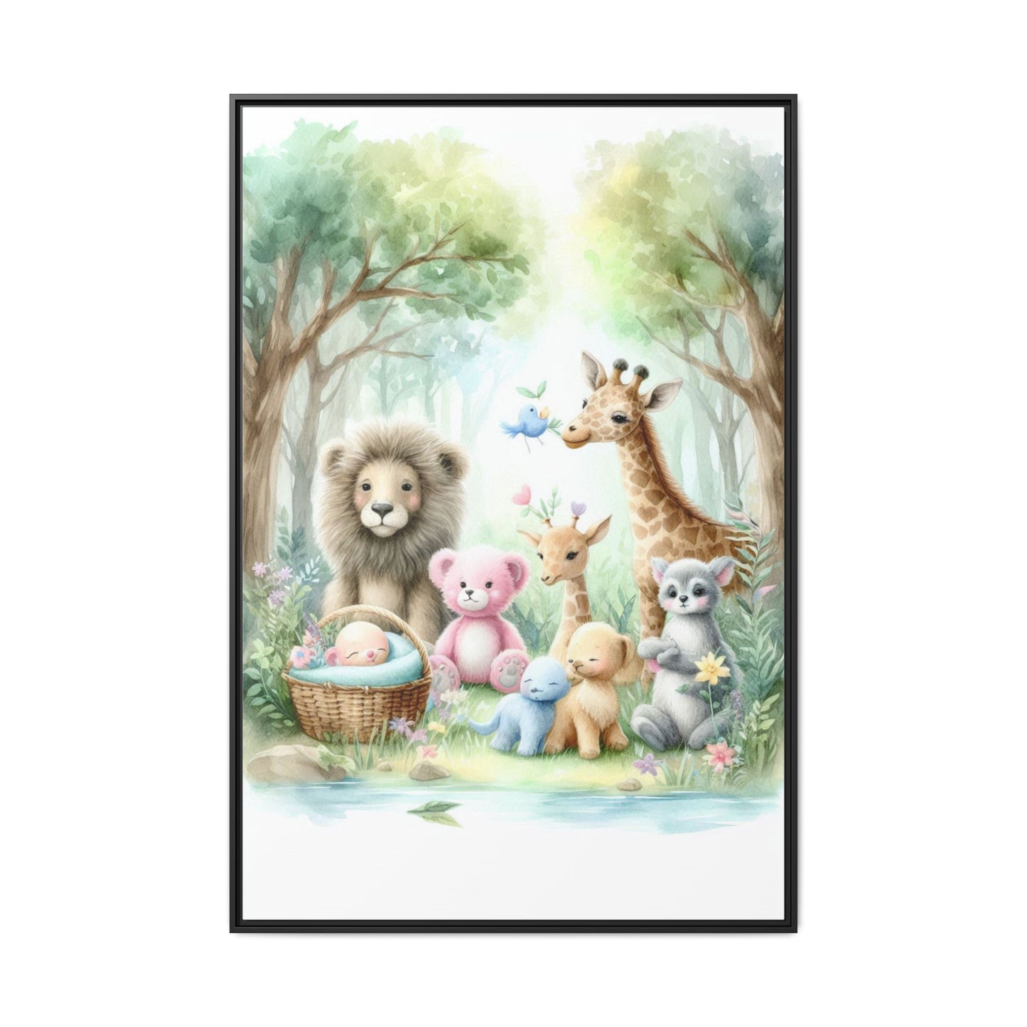 Whimsical Nursery Decor Pastel Menagerie Unique Sweet Baby Room Framed Baby Animal Canvas Print Wall Unisex Baby Shower Gift 3 frame colors
