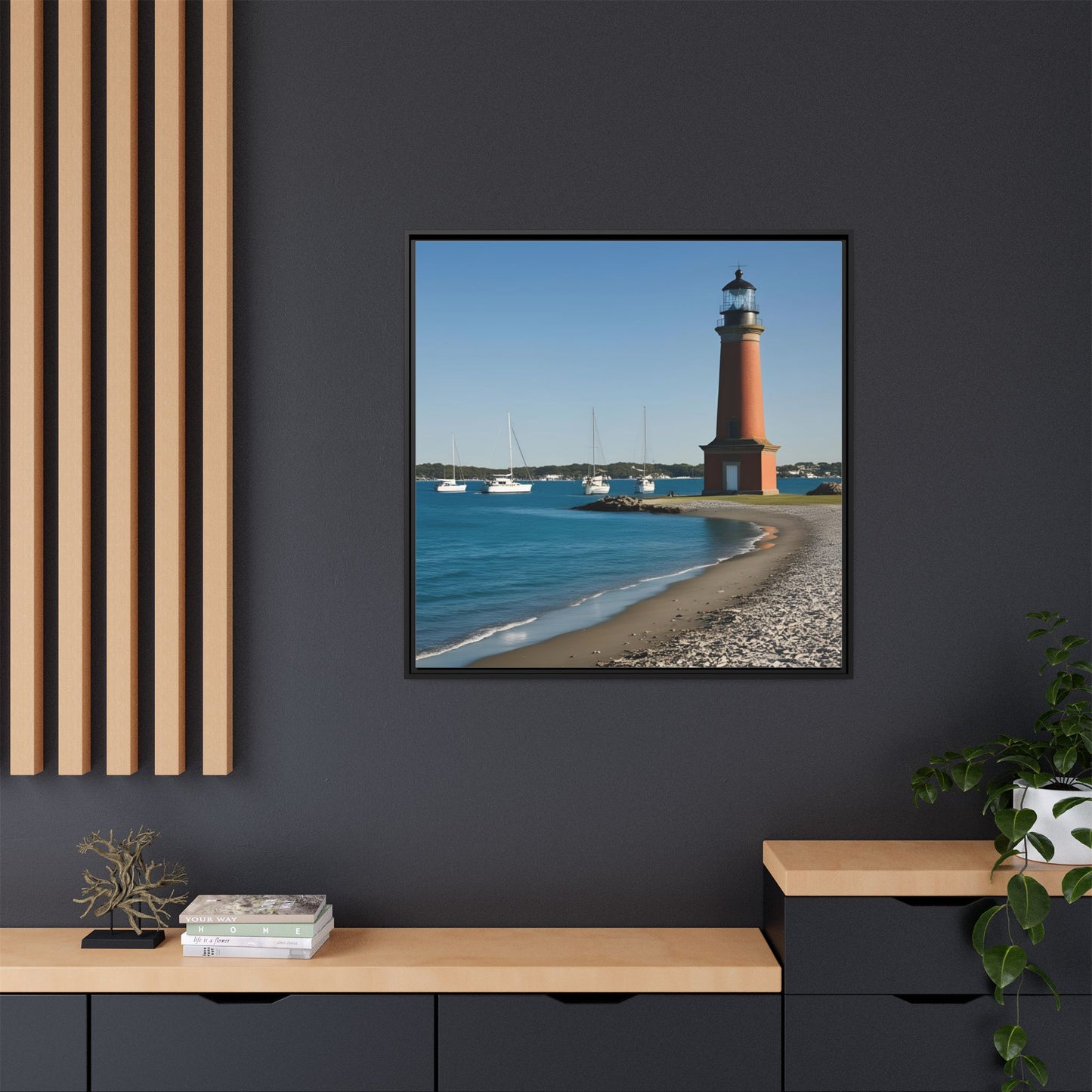 Lighthouse on the Beach Unique Framed Canvas Print Wall Art Nature Lover Gift Beachy Sailboats in the Ocean Vacation Decor 3 frame colors