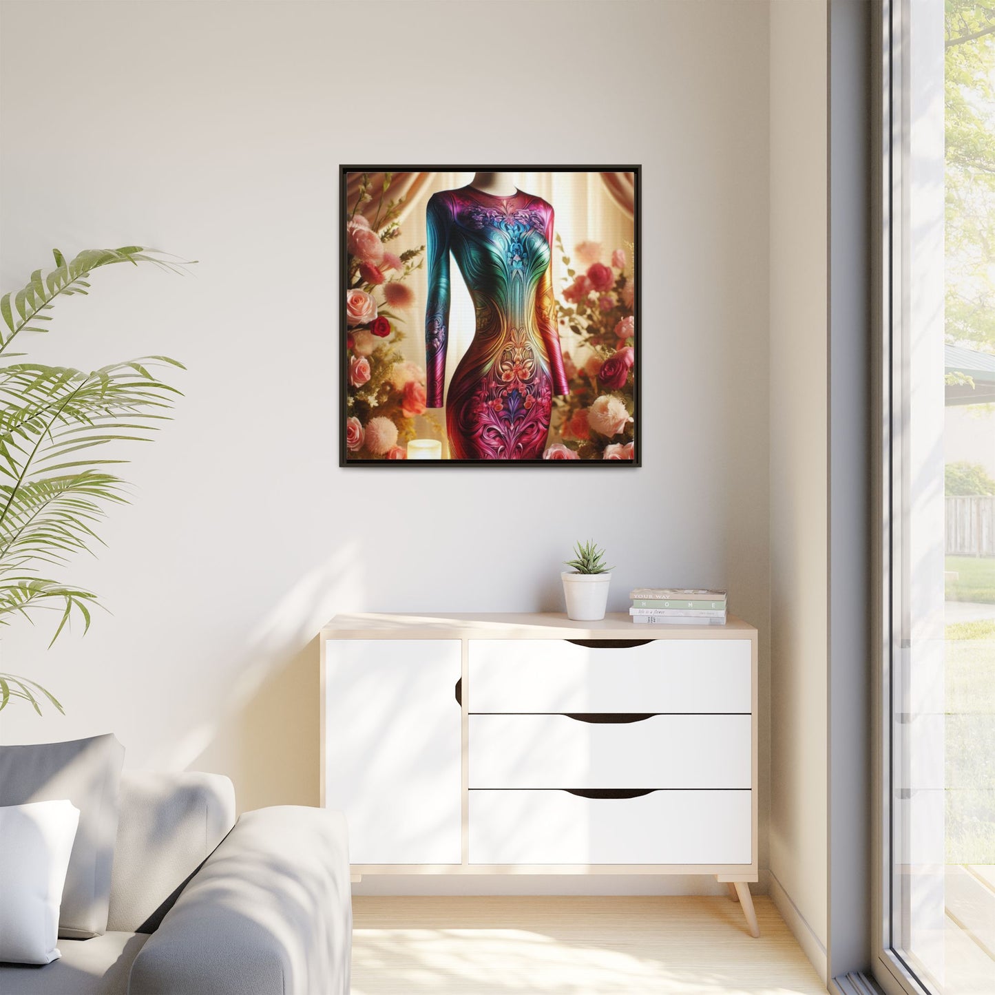 Futuristic Bodycon Runway Dress Framed Canvas Print Wall Art Unique Fashion Designer Style Haute Couture Fashionista Gift 3 Frame Colors