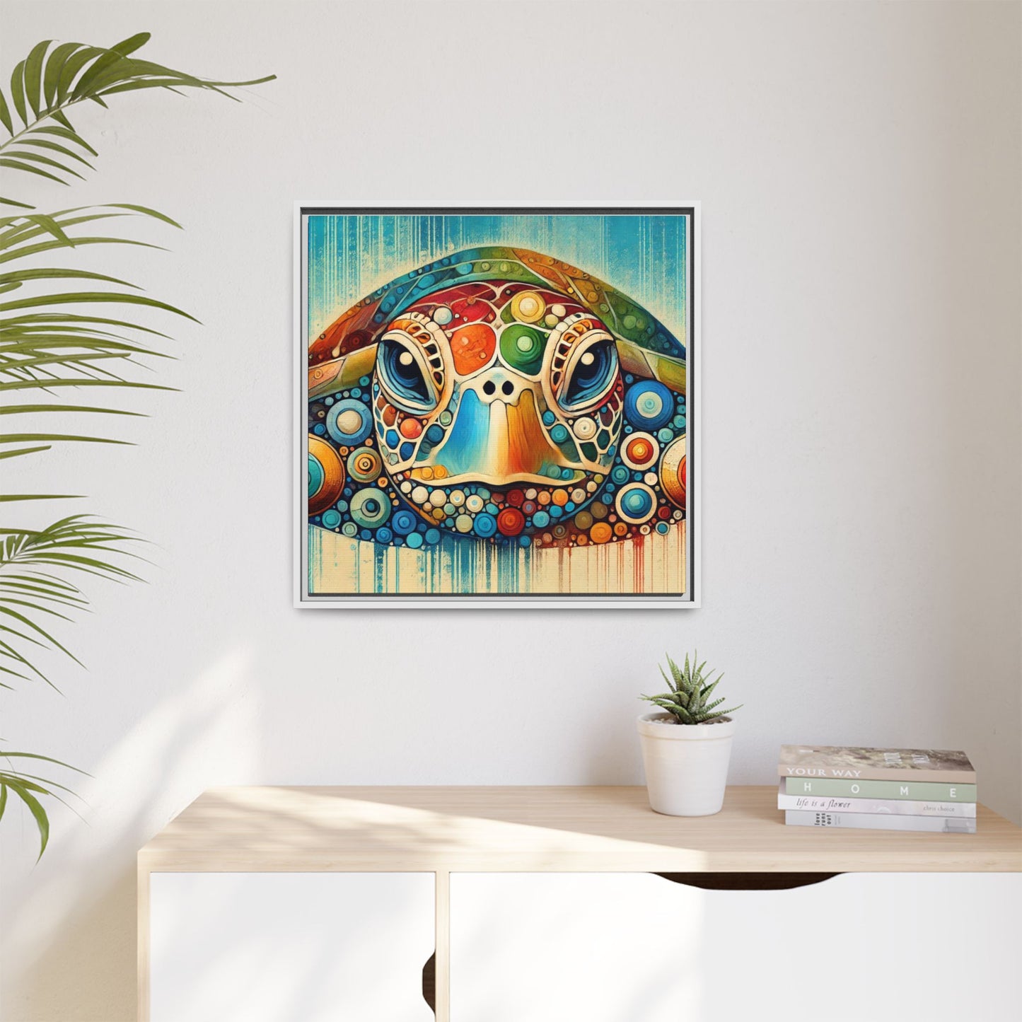 Modern Sea Turtle Print Abstract Design Unique Framed Canvas Print Oceanic Beachy Wall Art Animal Lover Nature Lover Decor 3 frame colors