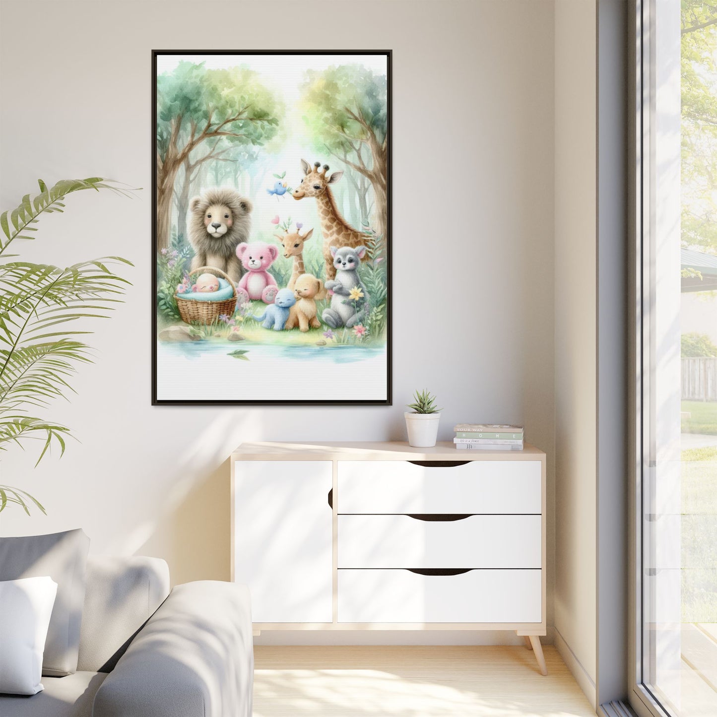 Whimsical Nursery Decor Pastel Menagerie Unique Sweet Baby Room Framed Baby Animal Canvas Print Wall Unisex Baby Shower Gift 3 frame colors