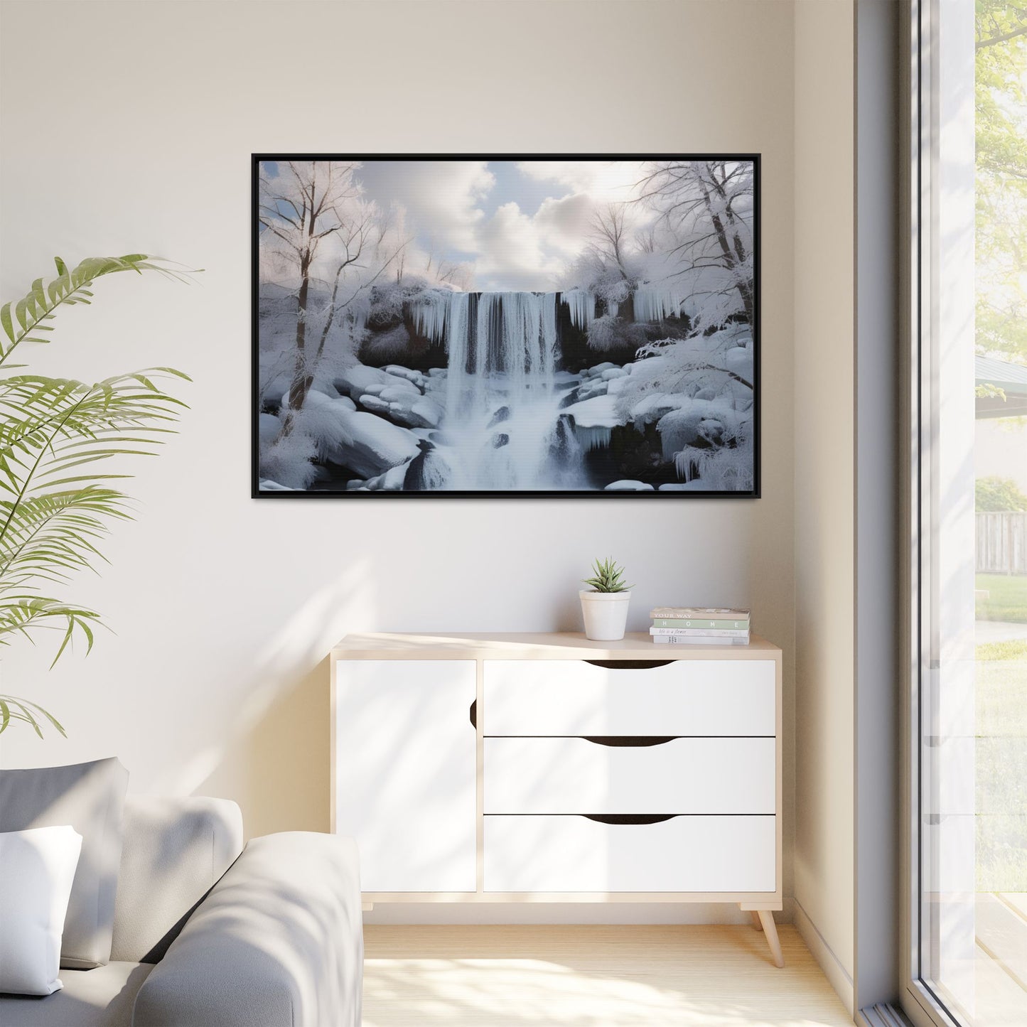 Modern Snowy Waterfall Design Unique Framed Canvas Wall Art Winter Scene Nature Lover Gift Mountain Landscape Decor Gift 3 frame colors