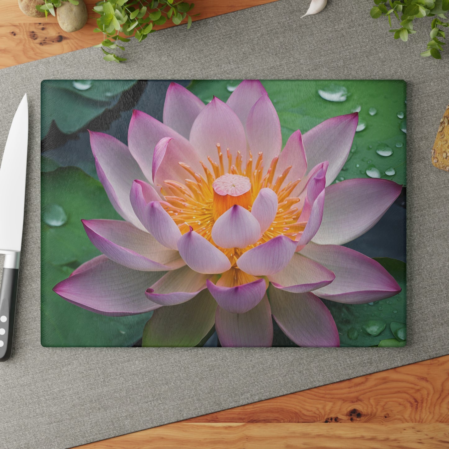 Kitchen Decor Glass Cutting Board Serving Tray with Lotus Flower Design Cutting Board Gift for Home Cook Charcuterie Board