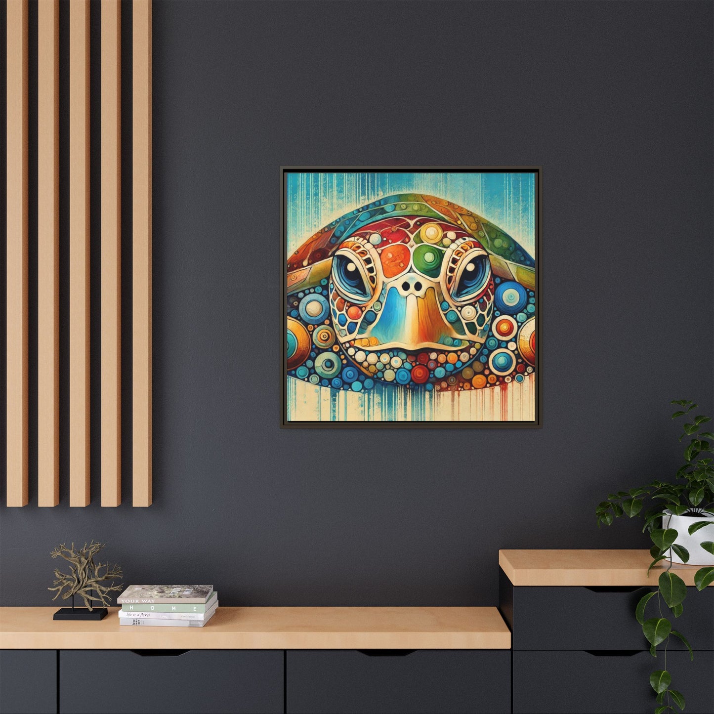 Modern Sea Turtle Print Abstract Design Unique Framed Canvas Print Oceanic Beachy Wall Art Animal Lover Nature Lover Decor 3 frame colors
