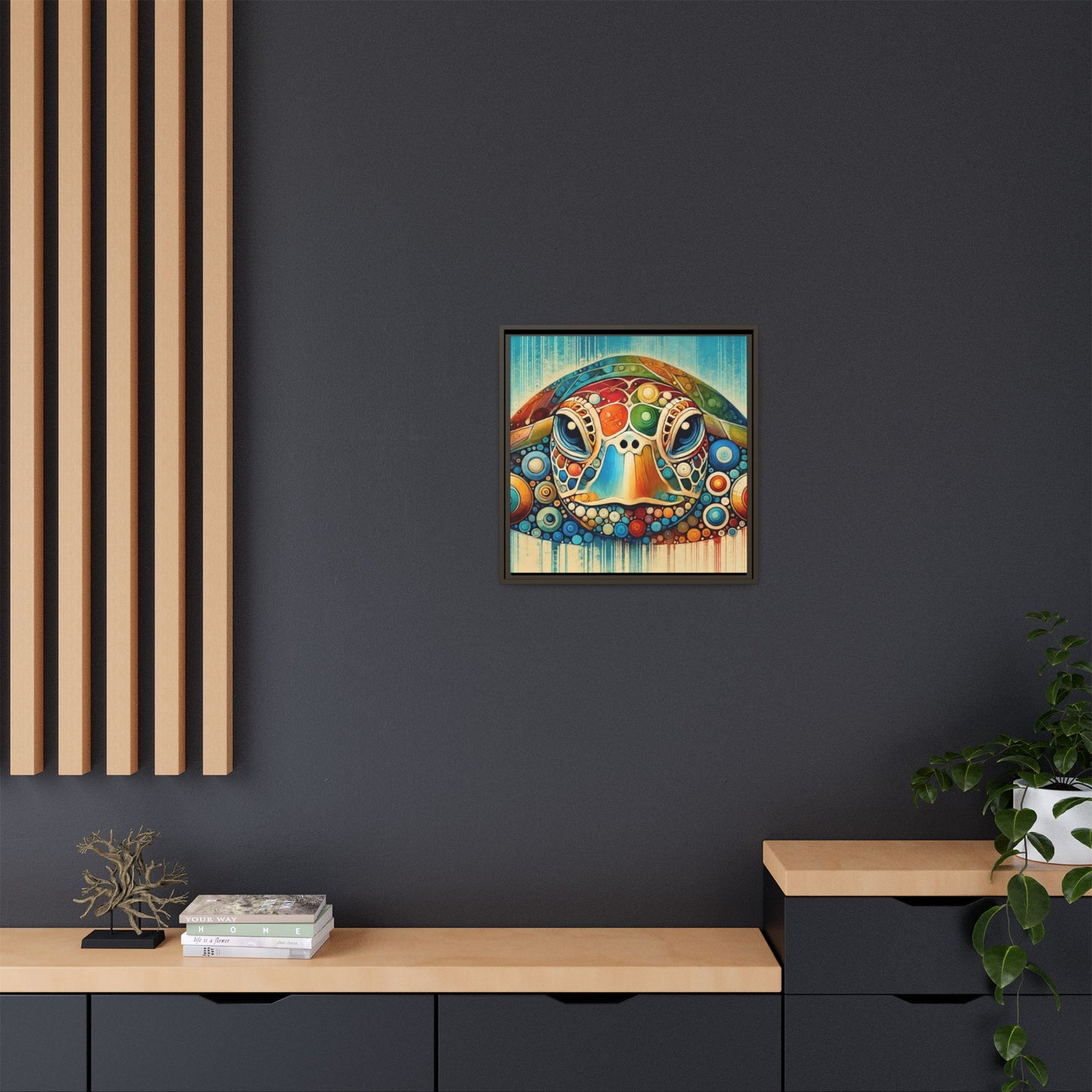 Modern Sea Turtle Print Abstract Design Unique Framed Canvas Print Oceanic Beachy Wall Art Animal Lover Nature Lover Decor 3 frame colors