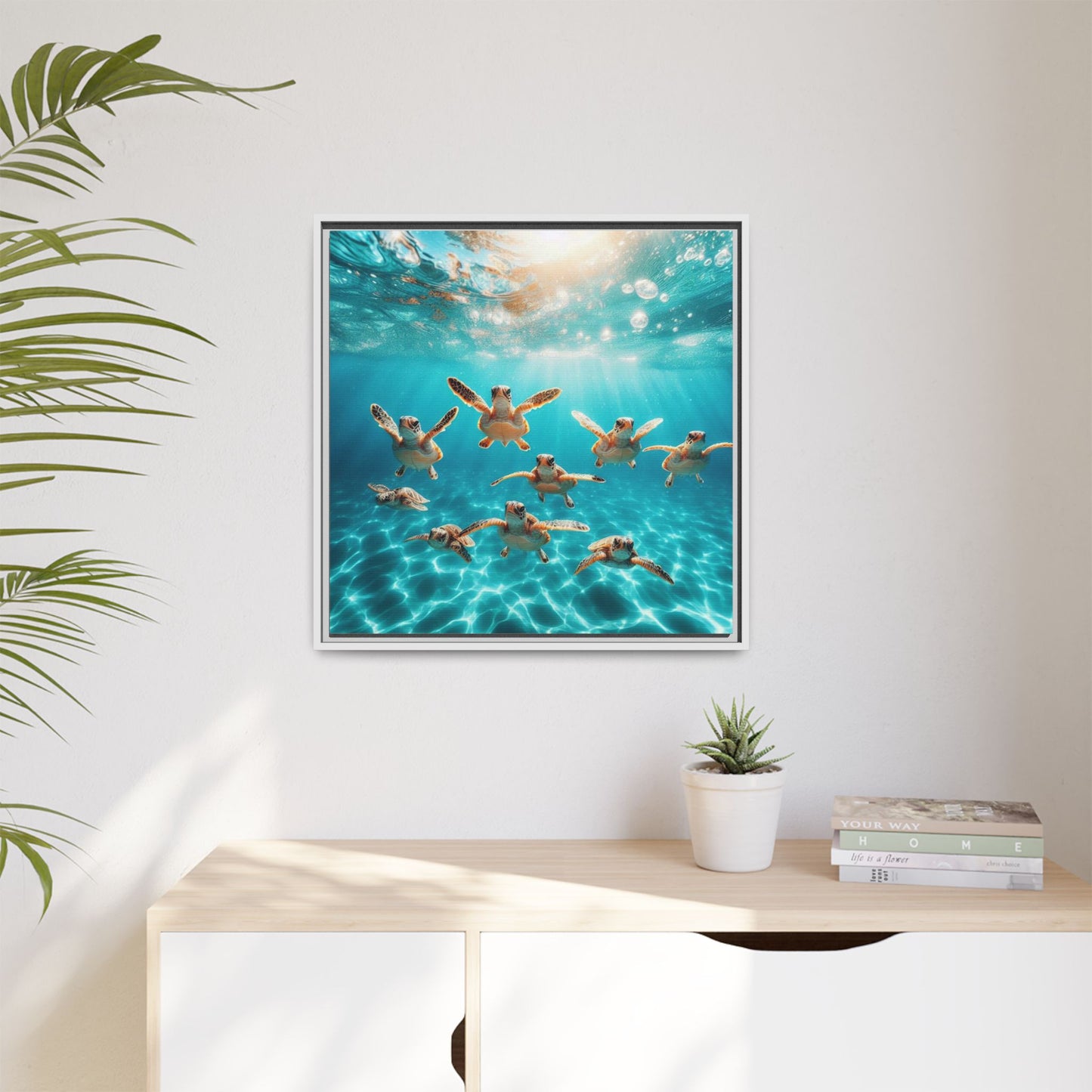 Baby Sea Turtles Out for a Swim Framed Canvas Wall Art Beach Lover Vacation Oceanic Gift Nature Lover Peaceful Zen Gift 3 frame colors