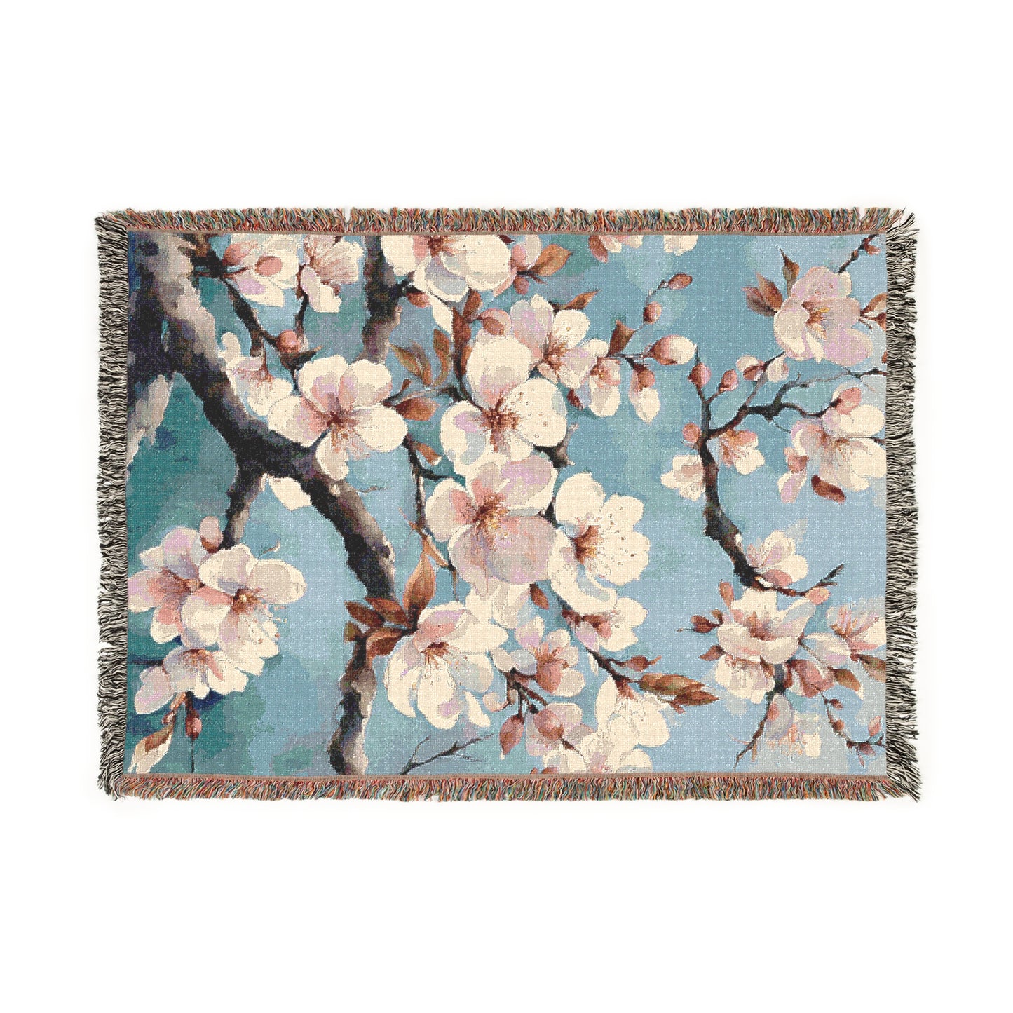Asian Art Style Plum Blossoms Cozy Reading Throw for Book Lovers Cotton Woven Fringed Picnic Blanket Wall Art