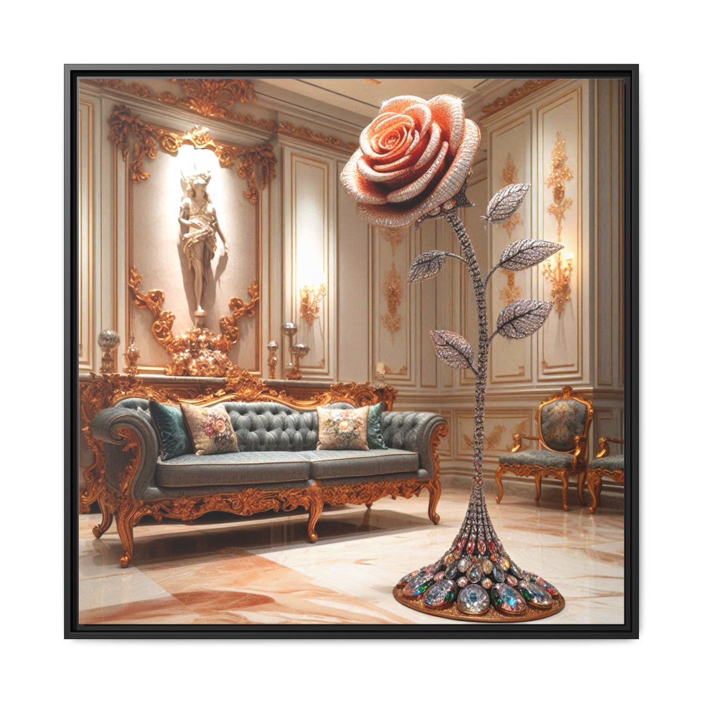 Bejeweled Rose Framed Canvas Print Wall Art Unique Fashion Designer Haute Couture Fashionista Flower Lover Gift Decor 3 Frame Colors