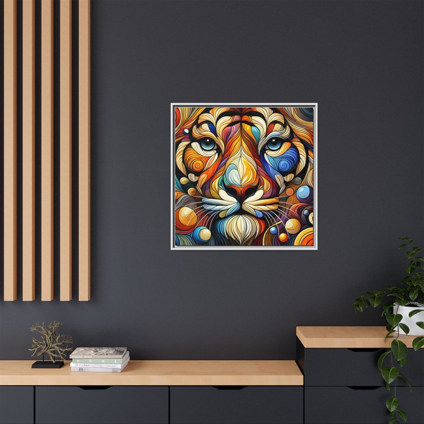 Modern Lion Face Print Abstract Design Unique Framed Canvas Print King of Jungle Wall Art Animal Lover Nature Lover Decor 3 frame colors