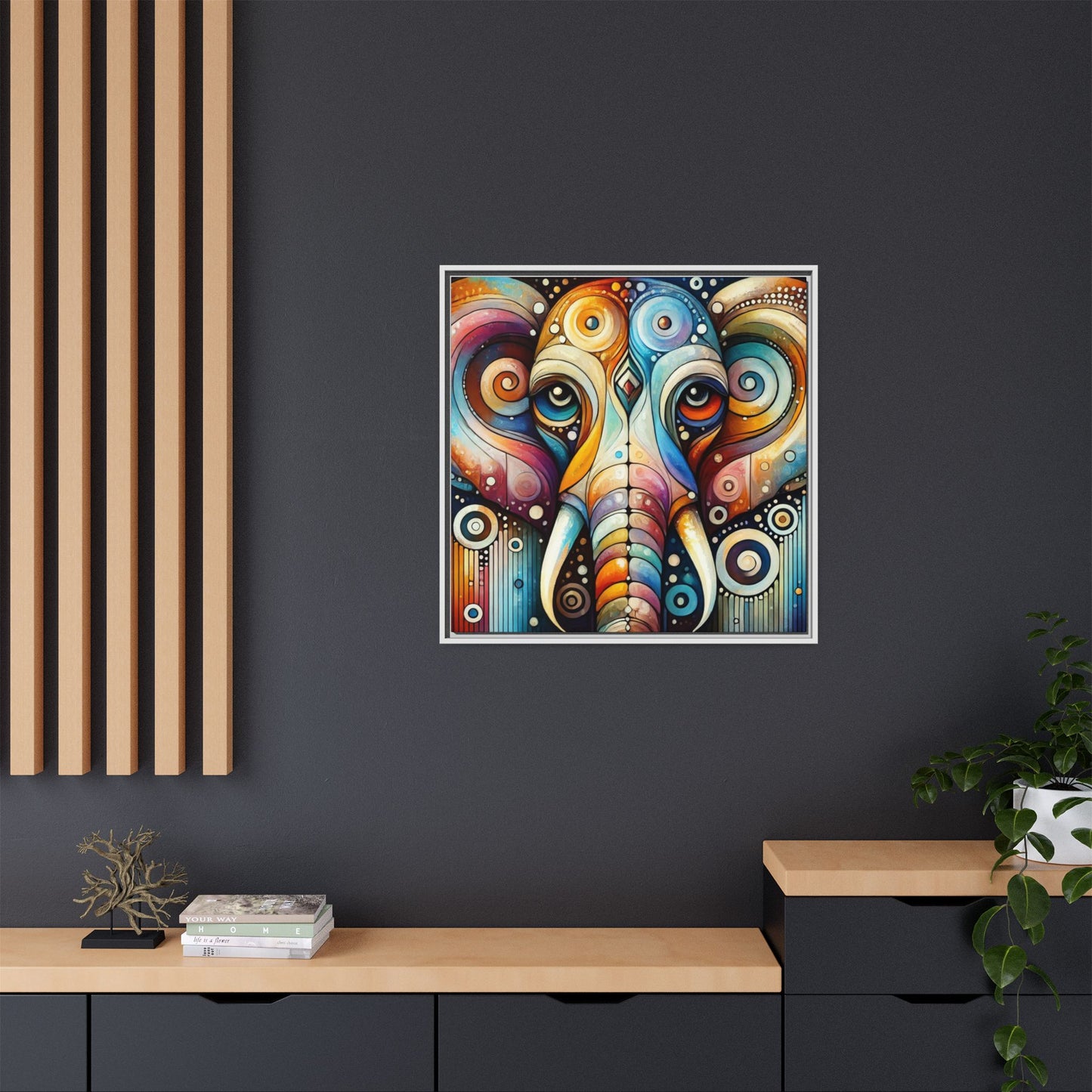 Modern Elephant Face Print Abstract Design Unique Framed Canvas Print African Wall Art Animal Lover Nature Lover Decor 3 frame colors
