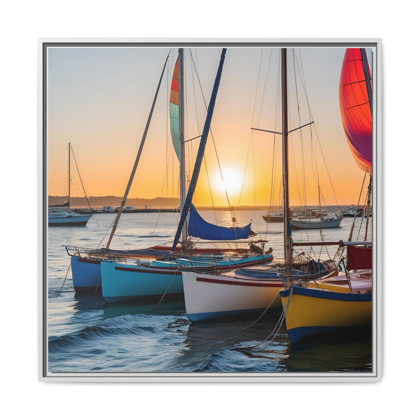 Sailboats at Sunset in Harbor Framed Canvas Wall Art Beach Lover Vacation Oceanic Gift Nature Lover Peaceful Zen Sunrise Art 3 frame colors