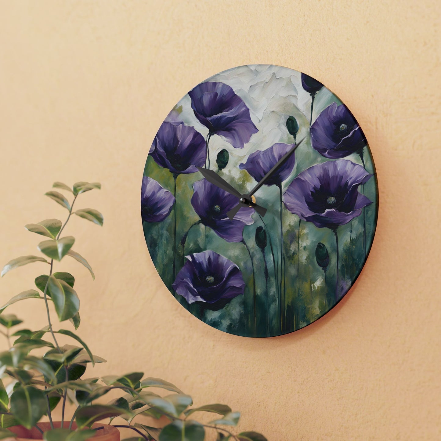 Floral Design Acrylic Clock Unique Colorful Wall Clock for Kitchen or Living Room Nature Lover Field of Flowers Gardener Gift