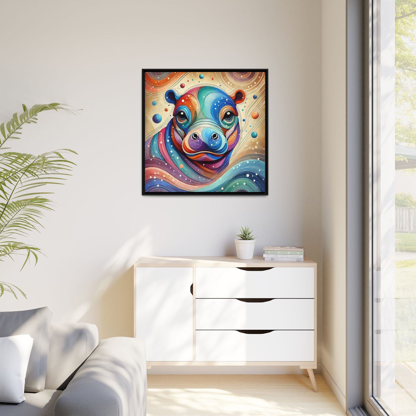 Modern Hippo Print Abstract Design Unique Framed Canvas Print Baby Hippo Wall Art Animal Lover Gift Nature Lover Decor 3 frame colors
