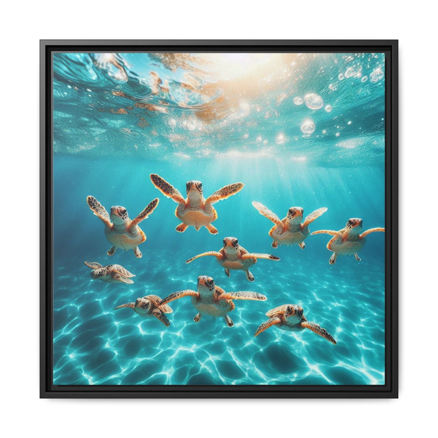 Baby Sea Turtles Out for a Swim Framed Canvas Wall Art Beach Lover Vacation Oceanic Gift Nature Lover Peaceful Zen Gift 3 frame colors